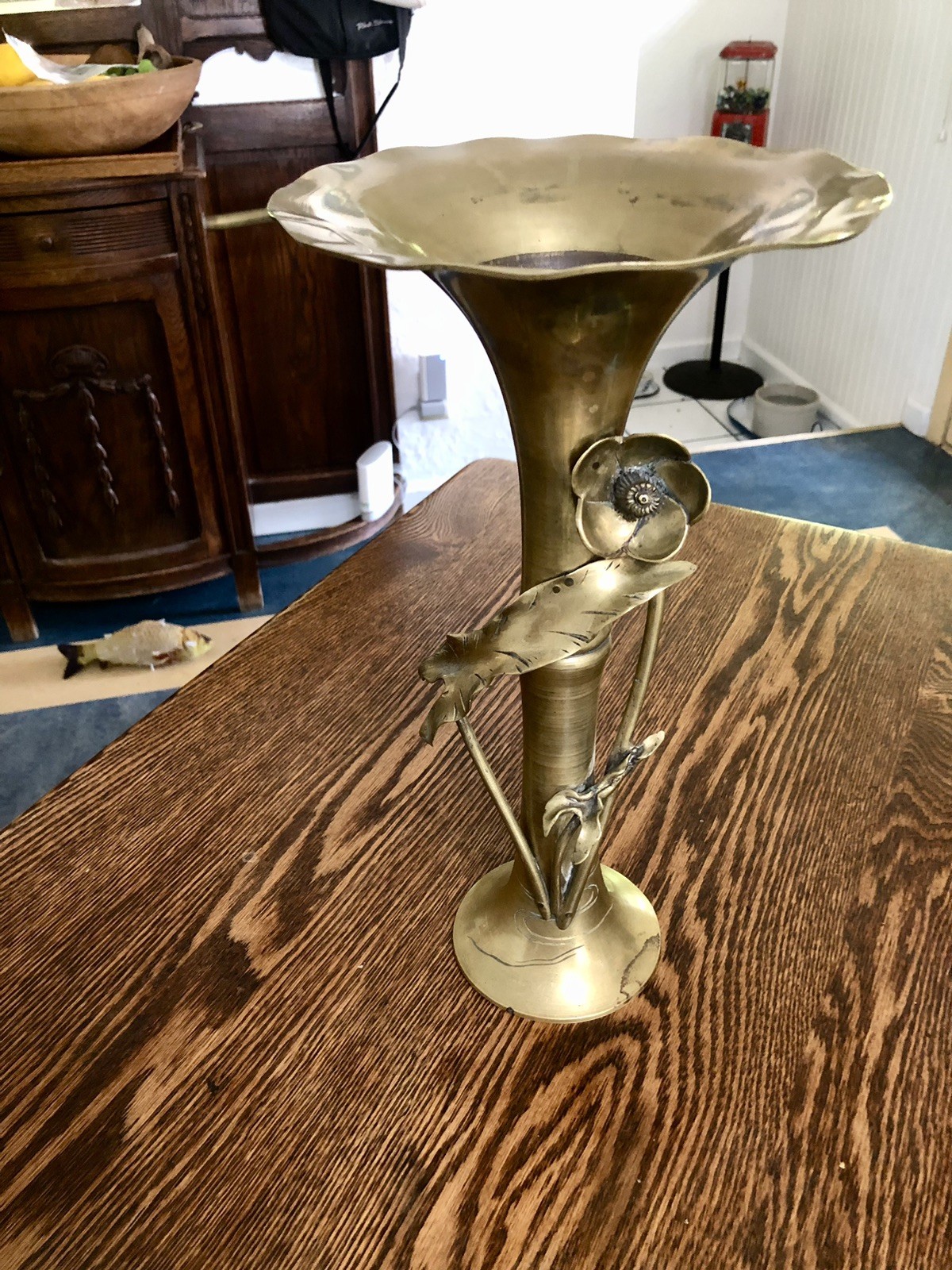 14″ Antique Floral Brass Vase Styled In Japanese Meiji Period/Art Nouveau Period