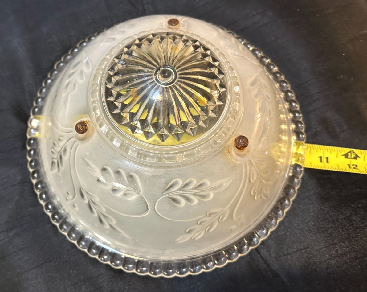 Vintage Deco Clear & White 3-Hole Mount Glass Ceiling Light Shade 10″ Diam – 5b