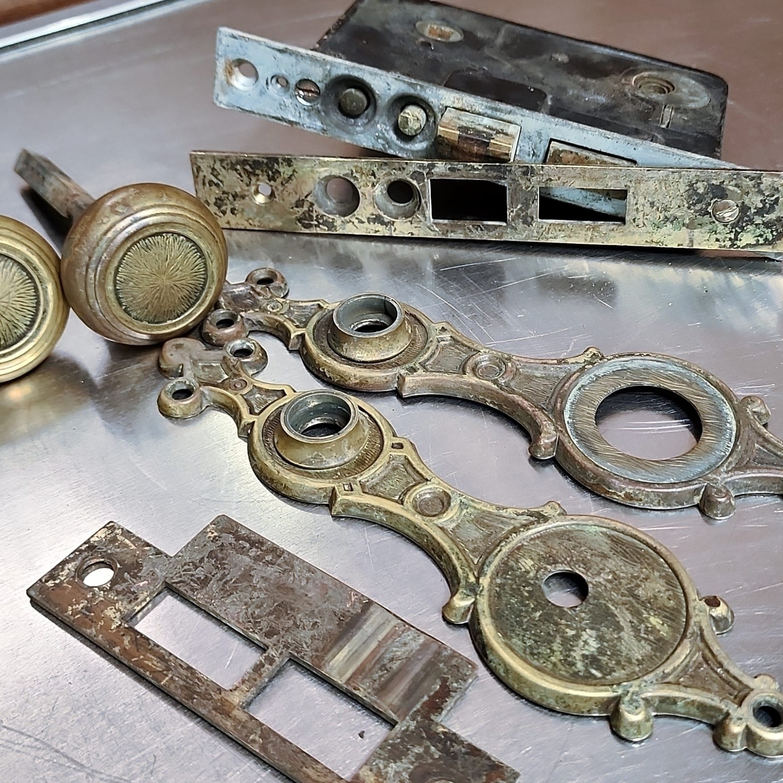 Yale & Towne Derbian Radial Door Knobs 1920s Antique Brass Mortise Lock Set🔑