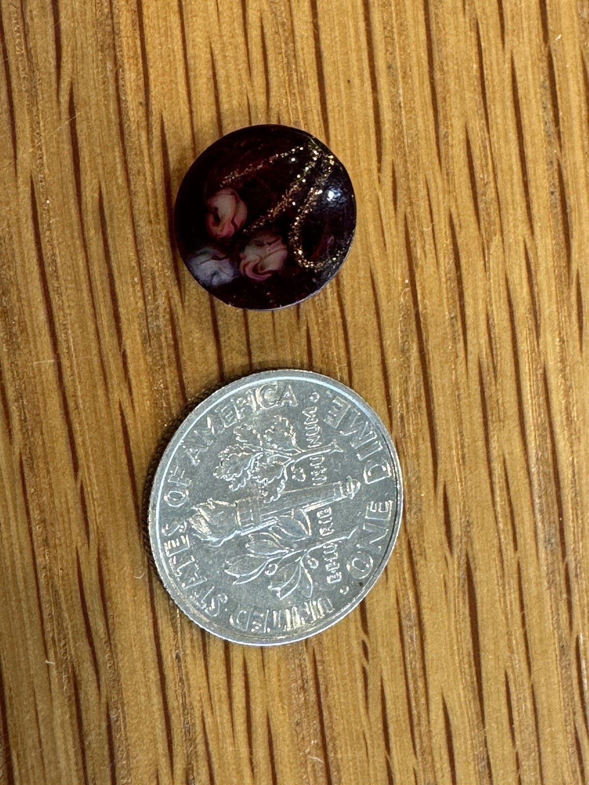 Vintage Glass Dome Shank Button Dark Red With Flower Design C194