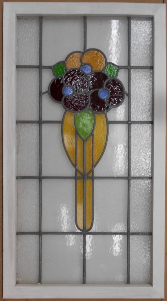 FLORAL LARGE OLD ENGLISH LEADED STAINED GLASS WINDOW 20″ X 36.5″