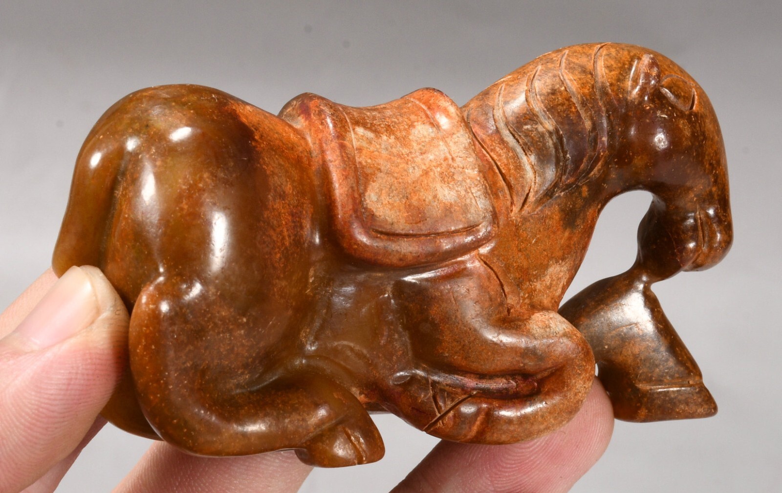 3”Hongshan Culture Hetian Old Jade Fengshui 12 Zodiac Horse Animal kneel Statue