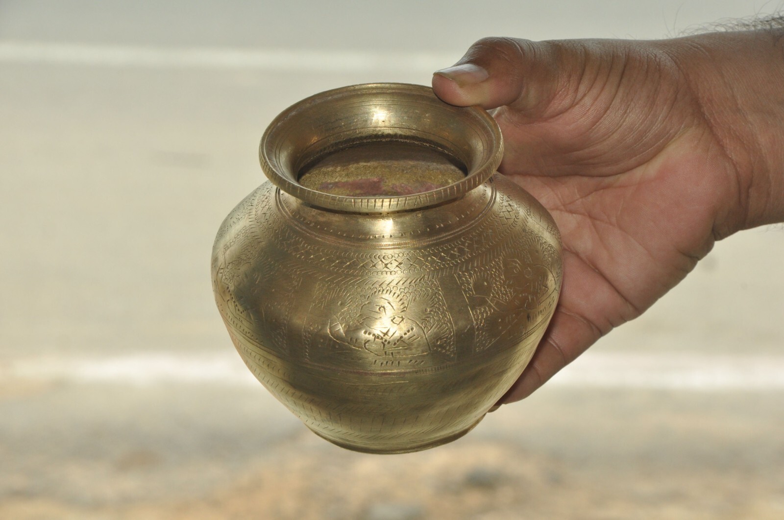 2 Pc Vintage Brass Solid Inlay Engraved Handcrafted Holy Water Pots, Nice Patina