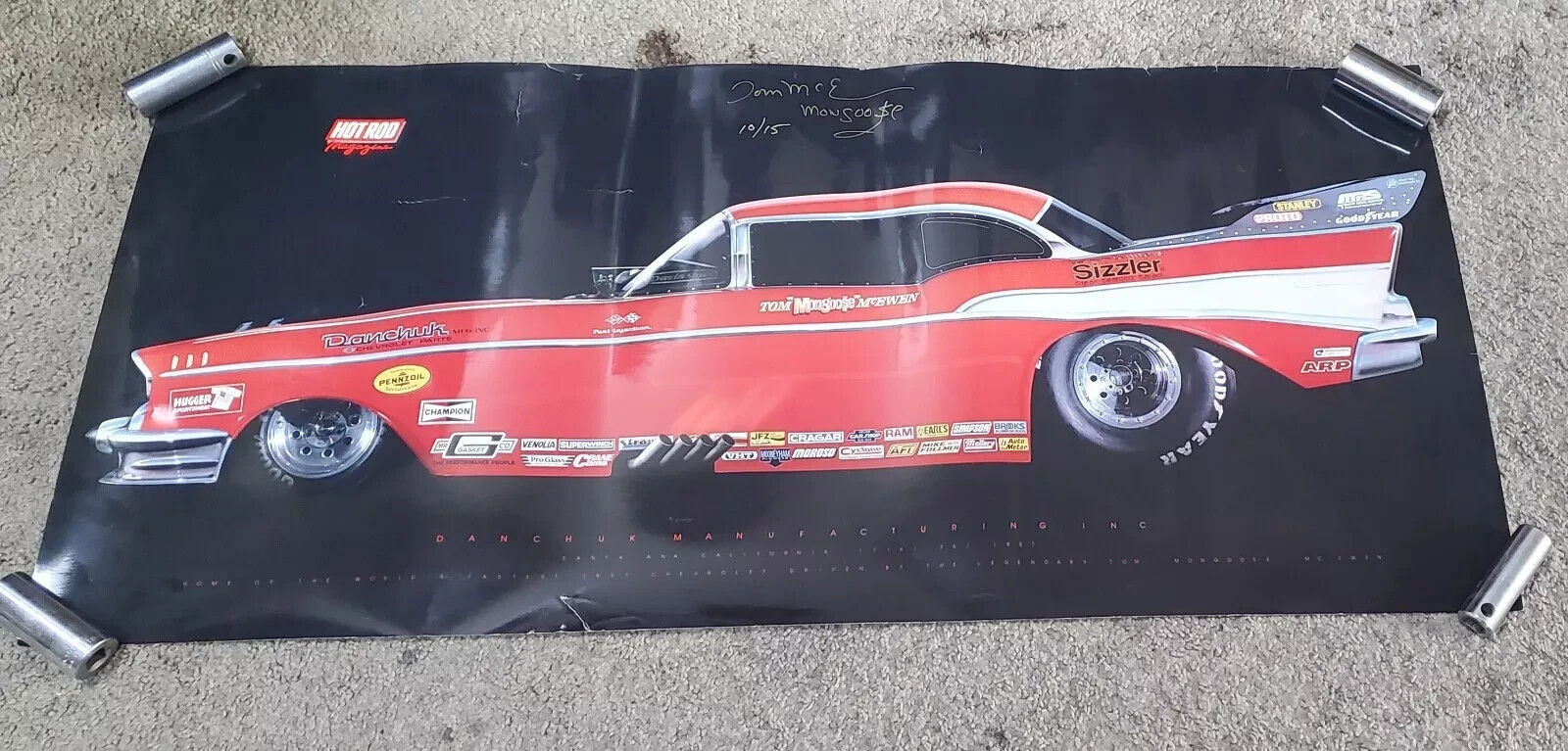 TOM MCEWEN MONGOOSE 1957 CHEVY FUNNY CAR HOT ROD PHOTO POSTER SIGNED NHRA 39X18