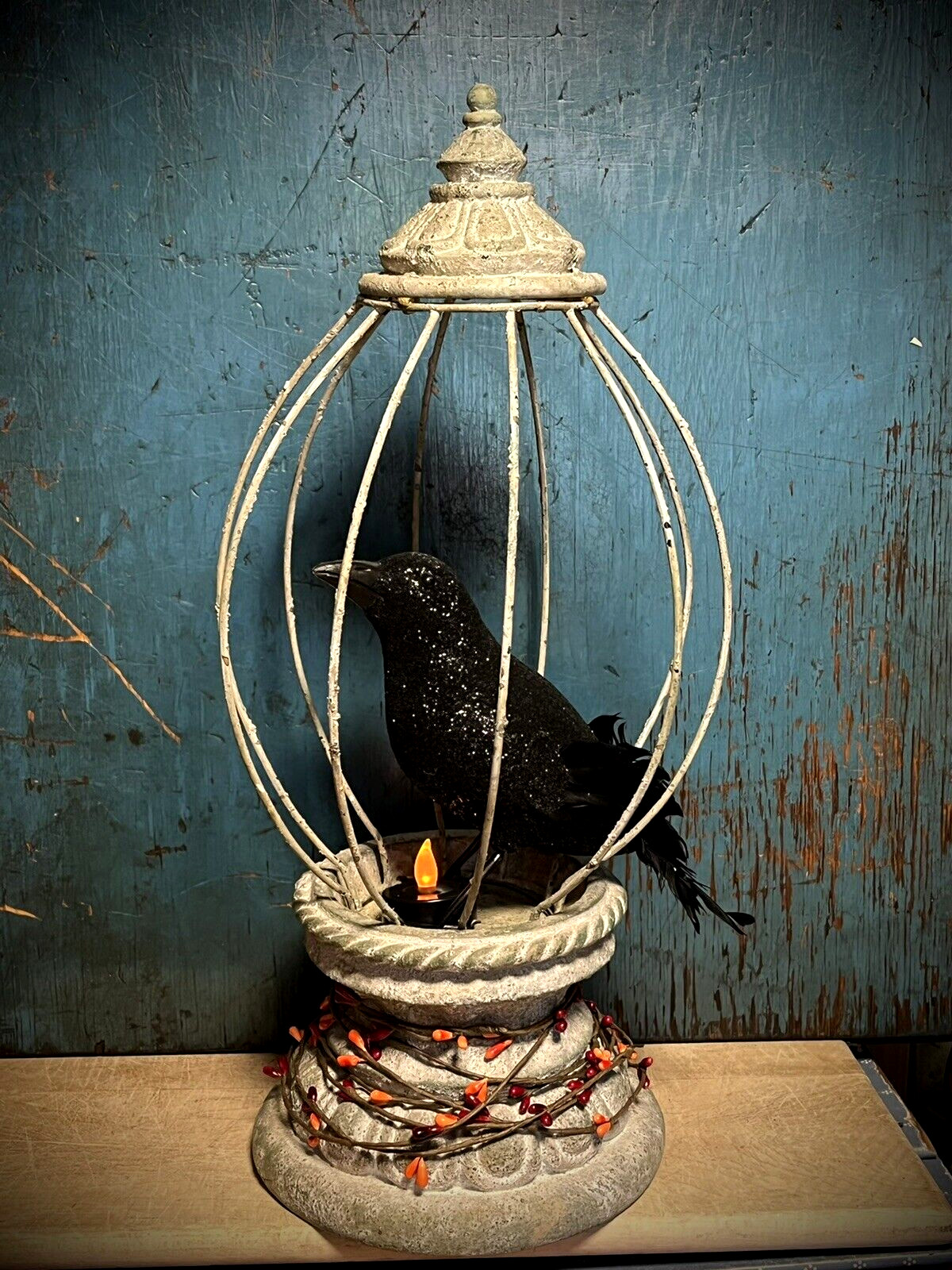 Nevermore Raven Crow w Tea Light Pip Berry garland Fall Halloween Garden Art 16″