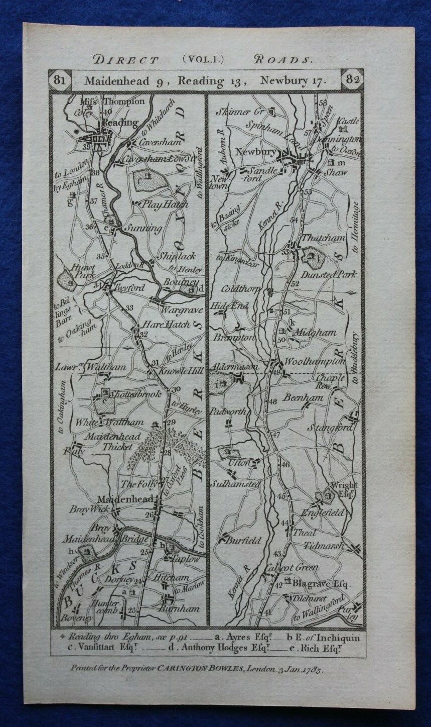 Original antique road map BERKSHIRE WILTSHIRE, NEWBURY HUNGERFORD, Paterson 1785
