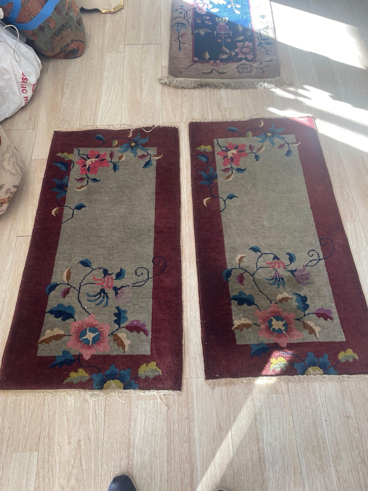 Matched Pair Antique 1920s Chinese Art Deco Rugs 2×4 Sage Green Burgundy Floral