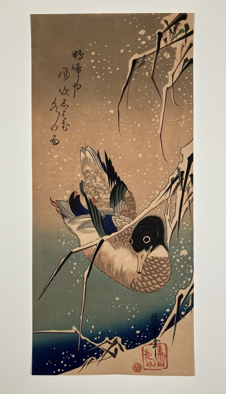Hiroshige Utagawa Ukiyo-e Woodblock Print “Mallard and Snow-covered Reeds”
