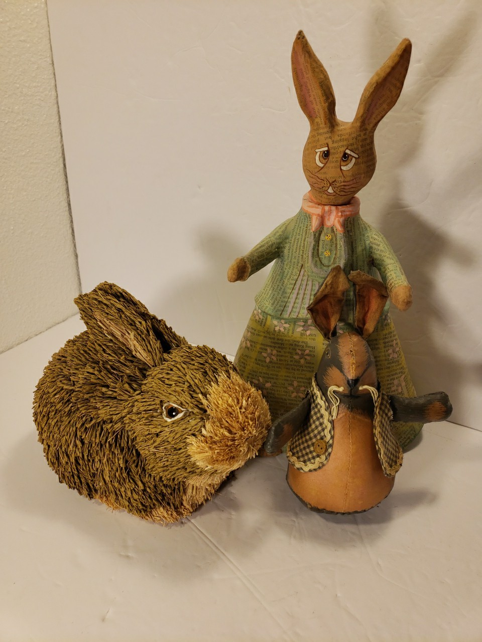 Lot Of 3 Rabbit Figurine Decor Whimsical Folk Cottagecore Paper Mache Easter