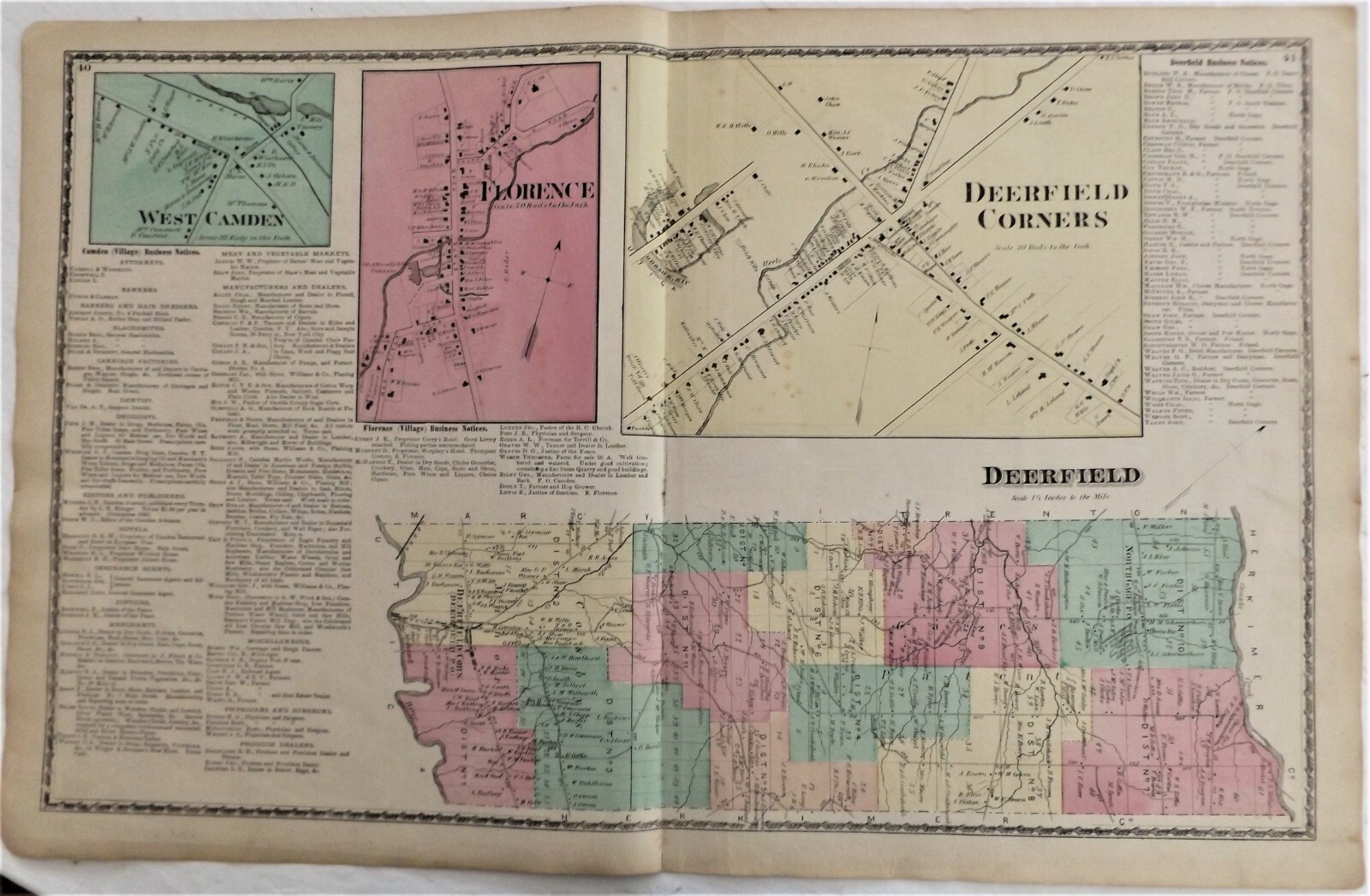 1874 NY Deerfield Corners Florence West Camden Oneida County Antique Atlas Map