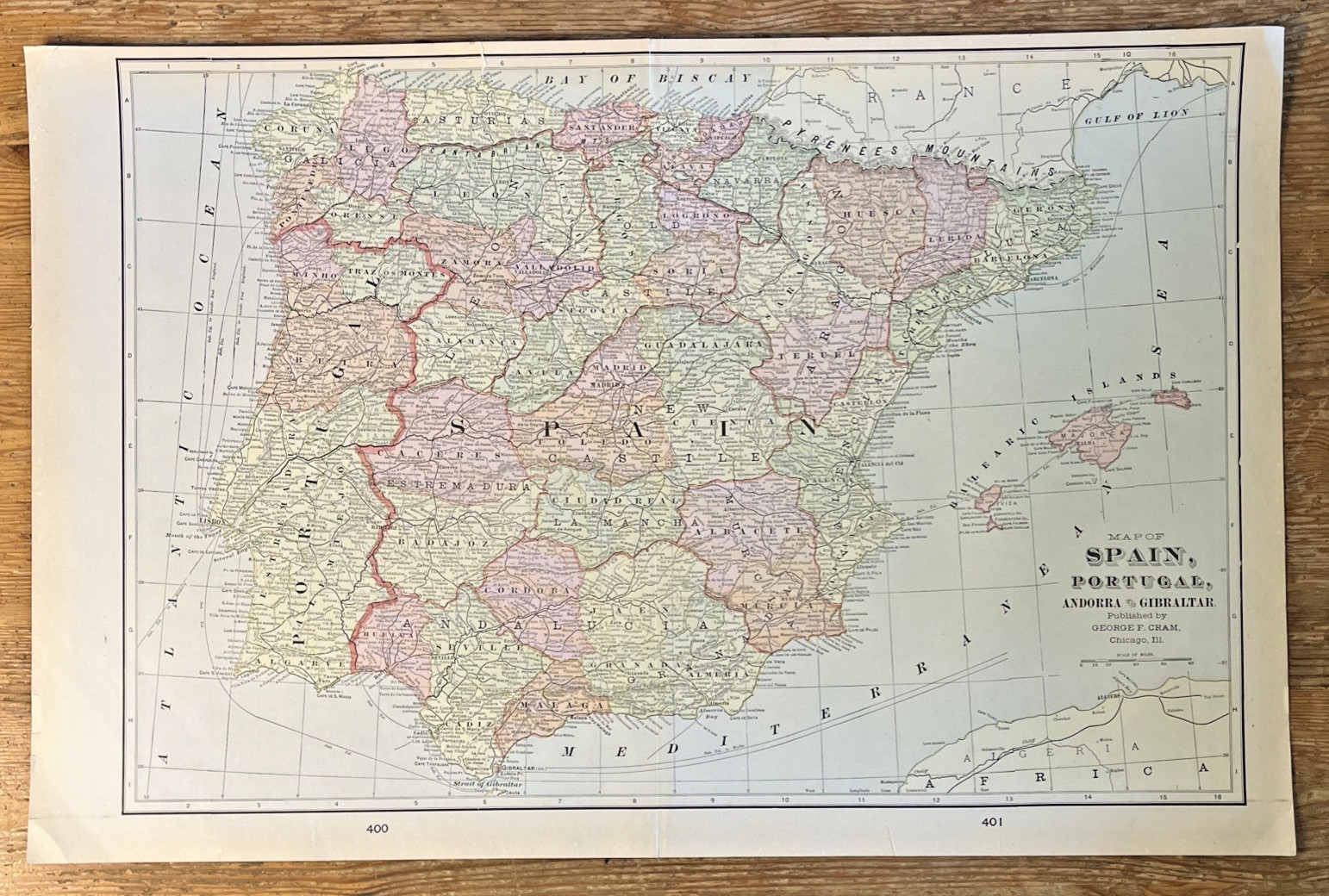 Antique Spain Portugal Map 14″ x 22″ George F Cram Vintage Iberian Peninsula
