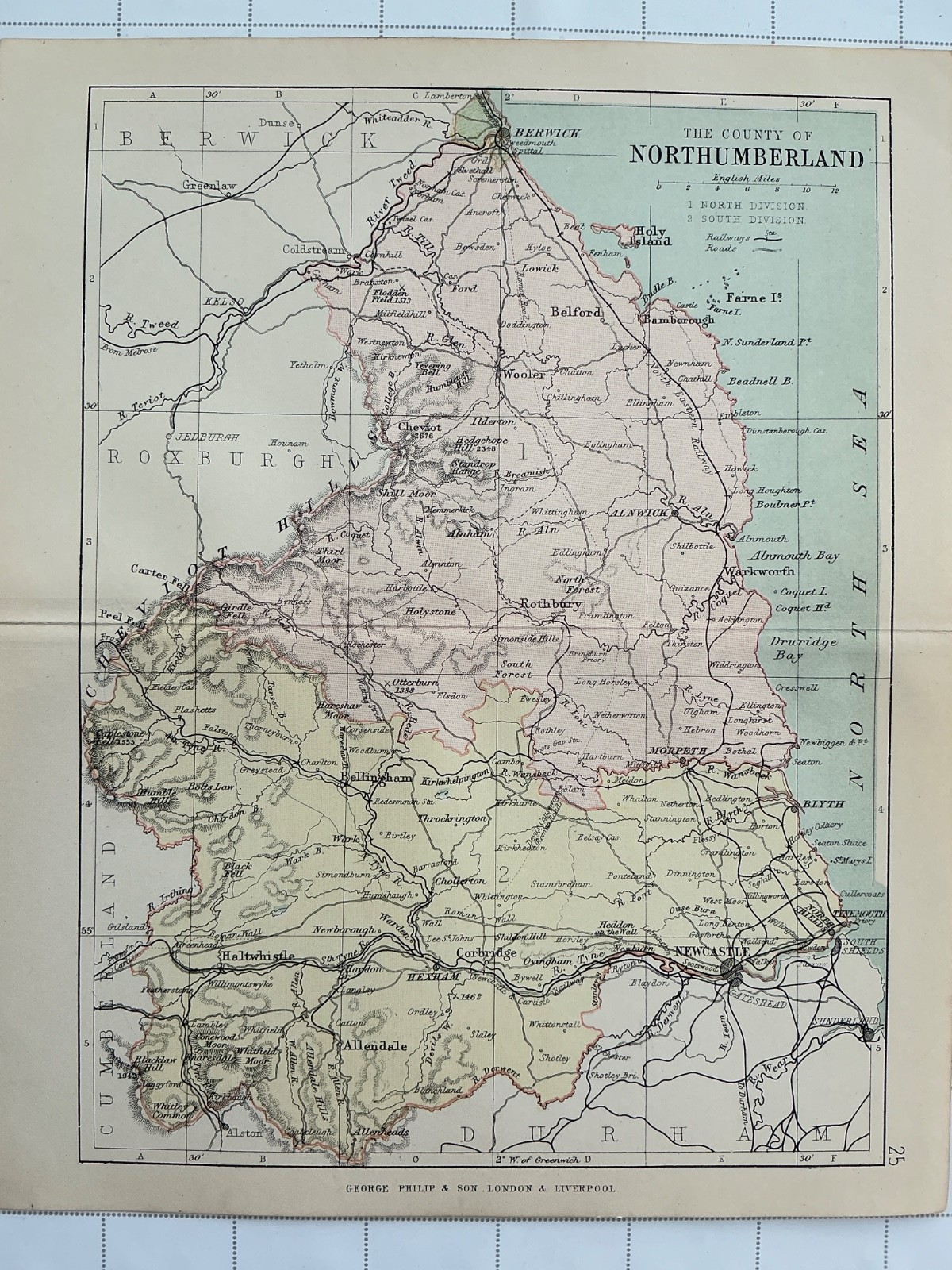 NORTHUMBERLAND 1884 Antique Map Philip Parishes Railways Roads Newcastle Berwick