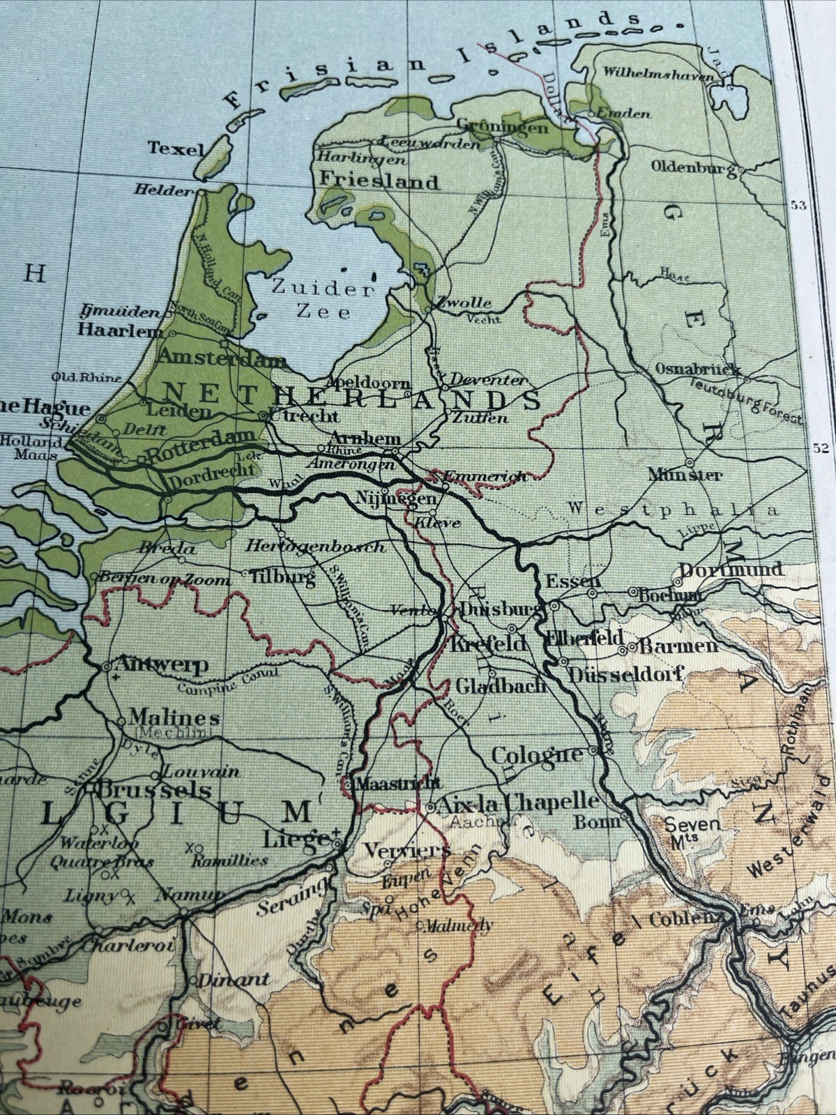 1923: Map Netherlands Belgium & Luxembourg Luxemburg Physical BC #19 Antique old