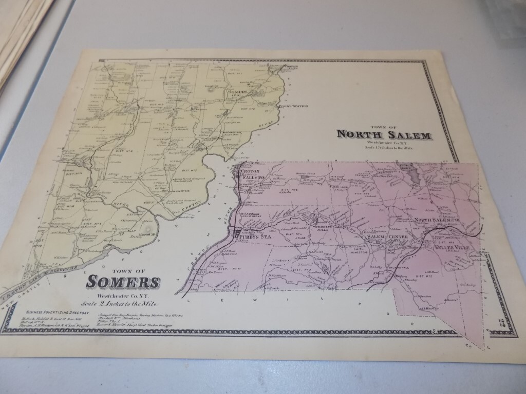 c1874 Antique COLOR Map of Westchester Co, NY, Towns of SOMERS AND NORTH STATION