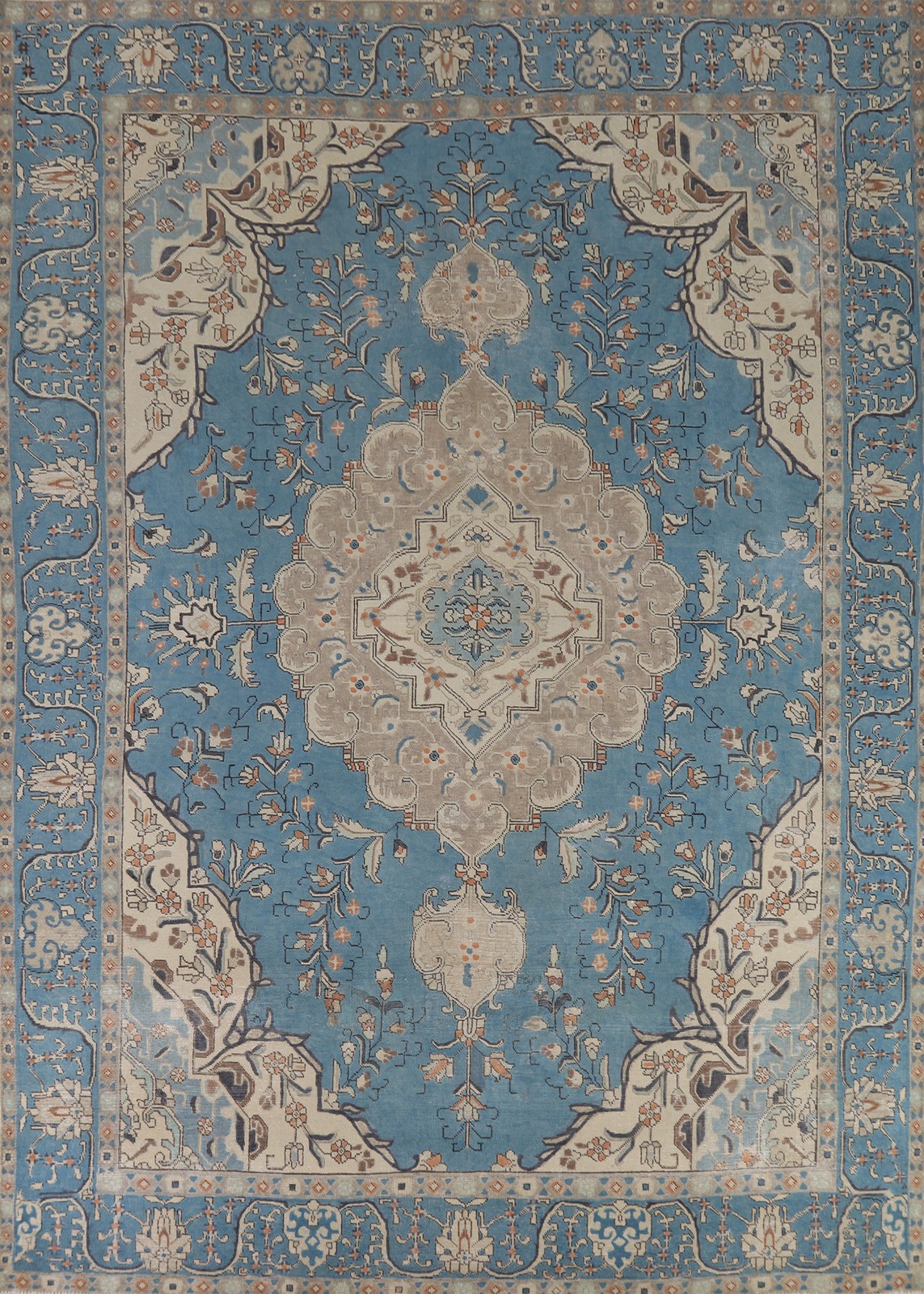 Blue Room Size Area Rug 9×13 Over-Dyed Wool Handmade Floral Classic Carpet