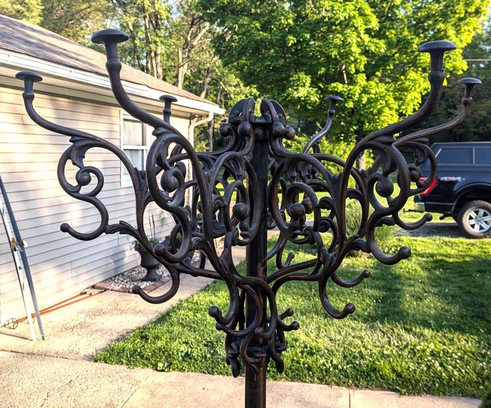 Antique CAST IRON Coat Rack Hall Tree Clothing Hat Stand BRASS GILTed 73″