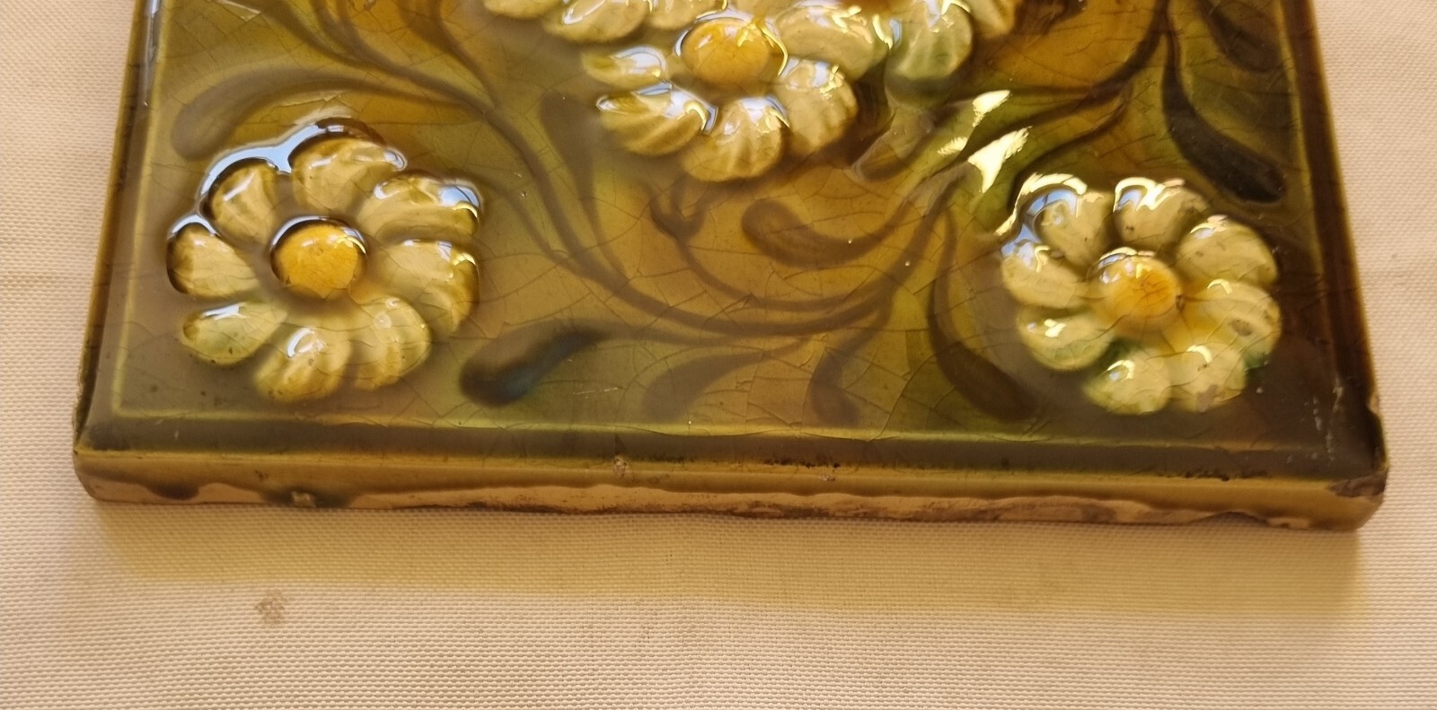 Arts & Crafts Tile. Hand Painted Moulded Majolica. Marsden Tile Co. C1900s