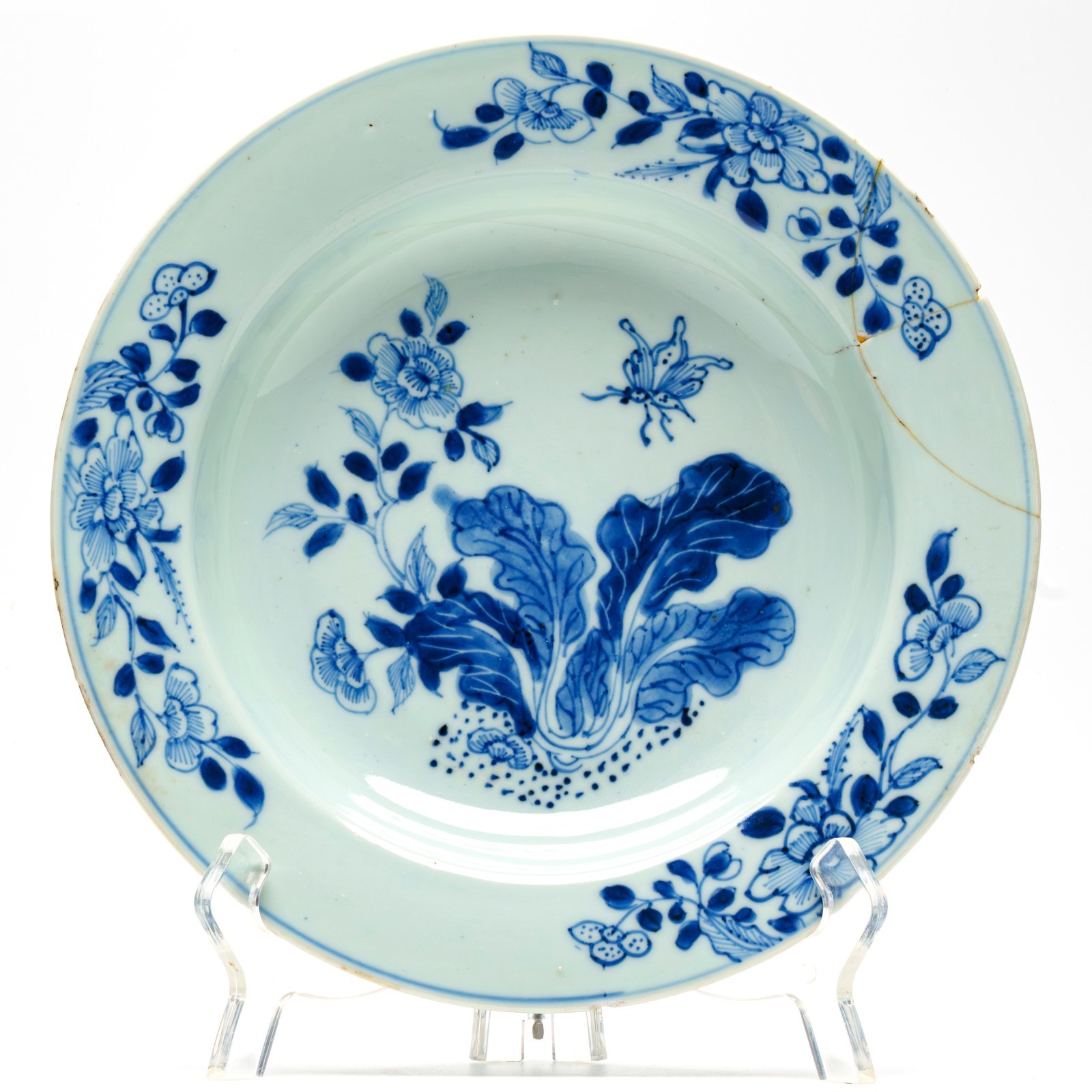 Chinese Porcelain Deep Plate Blue White Cabbage Leaf Butterfly Qianlong 18C