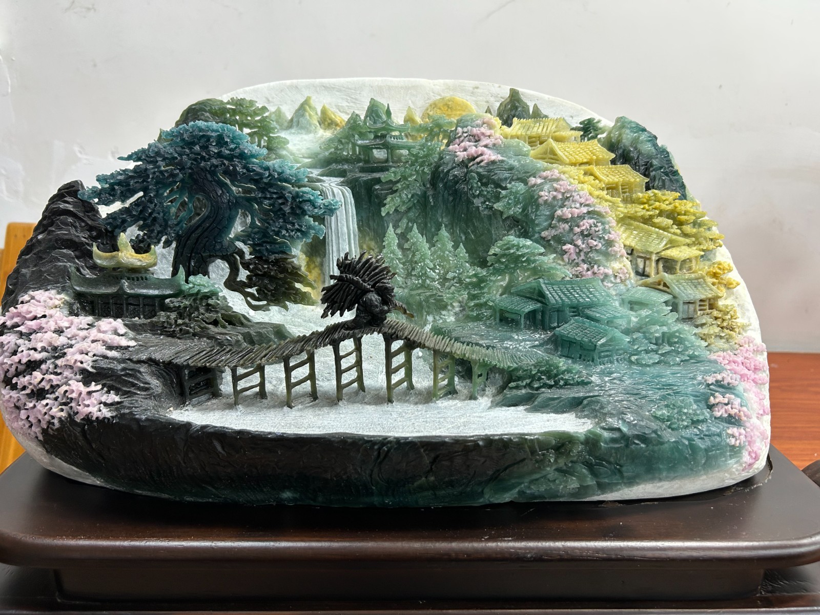 18.9″ Chinese Natural Xiu Jade Carving Landscape Pine Tree Statue Sculpture