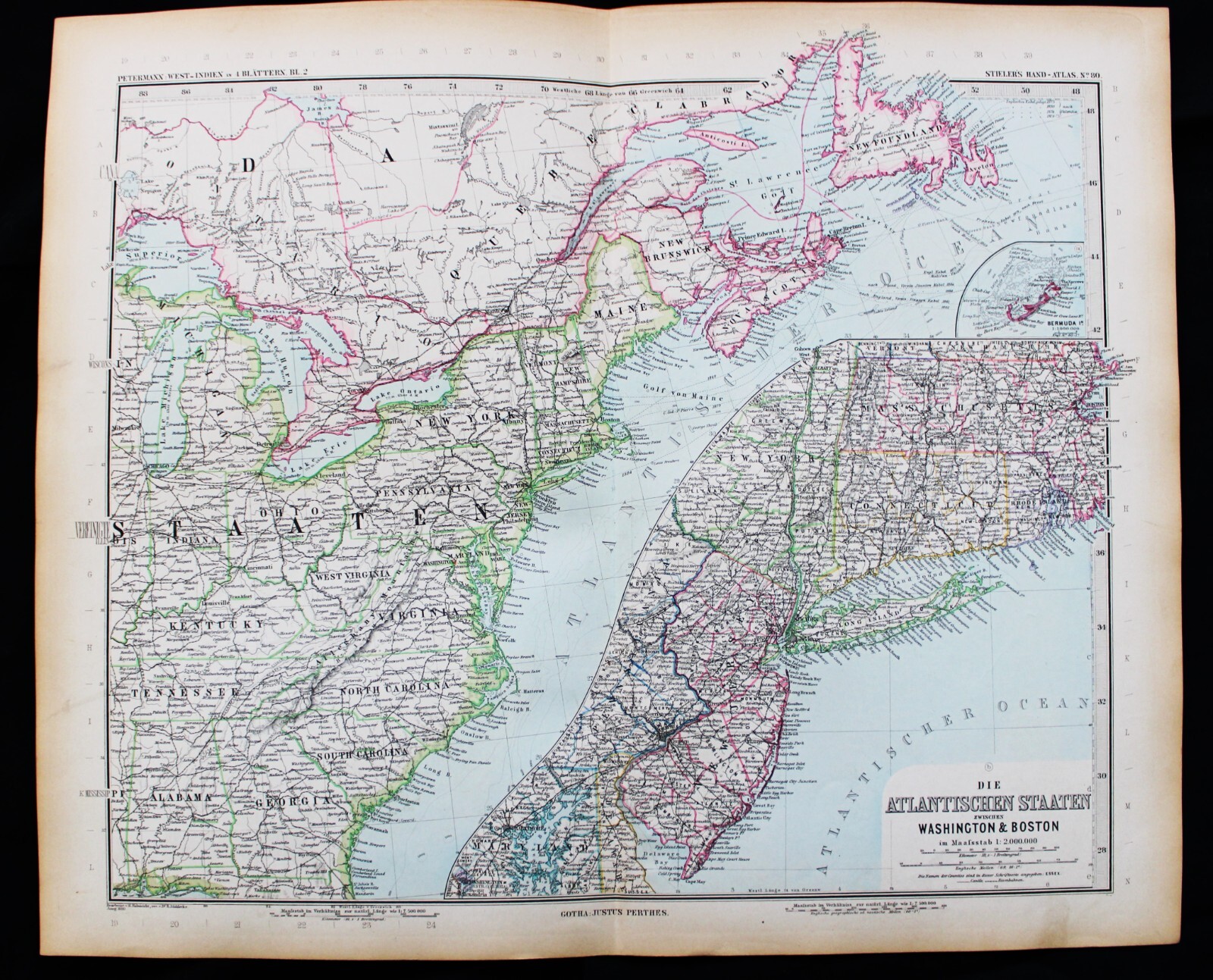 STIELERS HAND ATLAS WORLD MAP PLATE PAGE NO.80 EASTERN USA & CANADA 1888