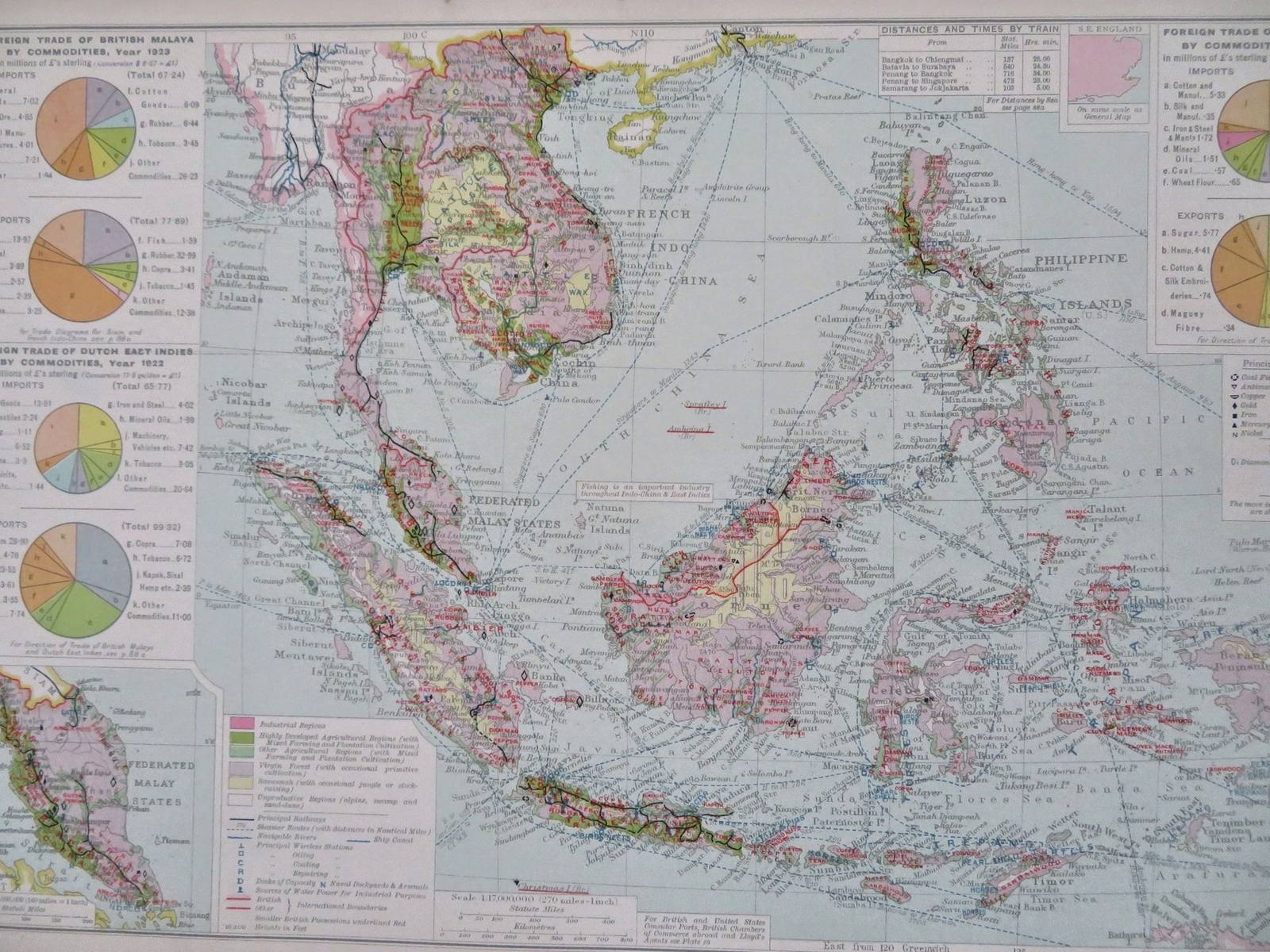 Southeast Asia Malaysia Indonesia c. 1925-8 thematic economic commerce color map