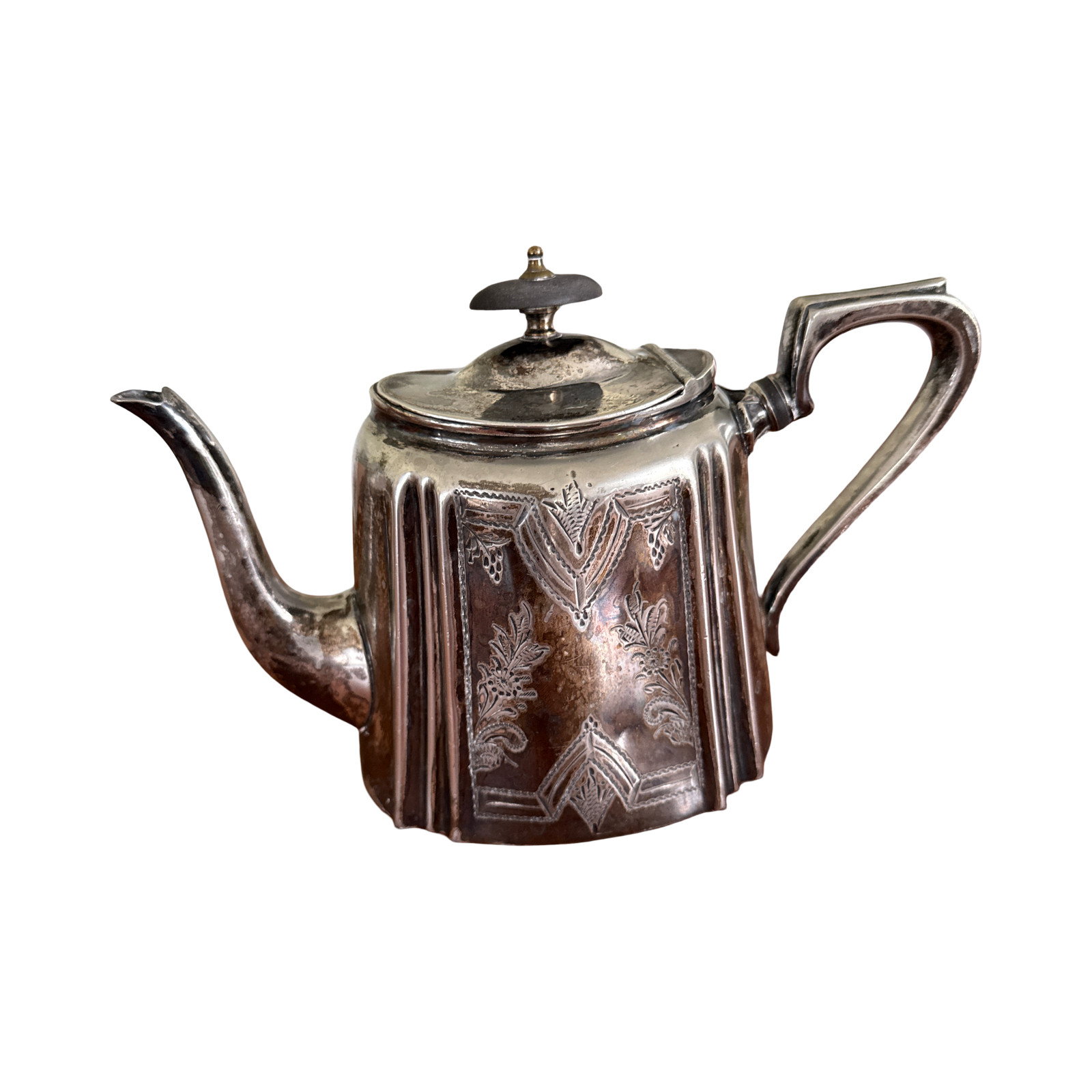 Adams Silverplate Teapot, Engraved Foliate Panels, c. 1920s–30s, Made in England