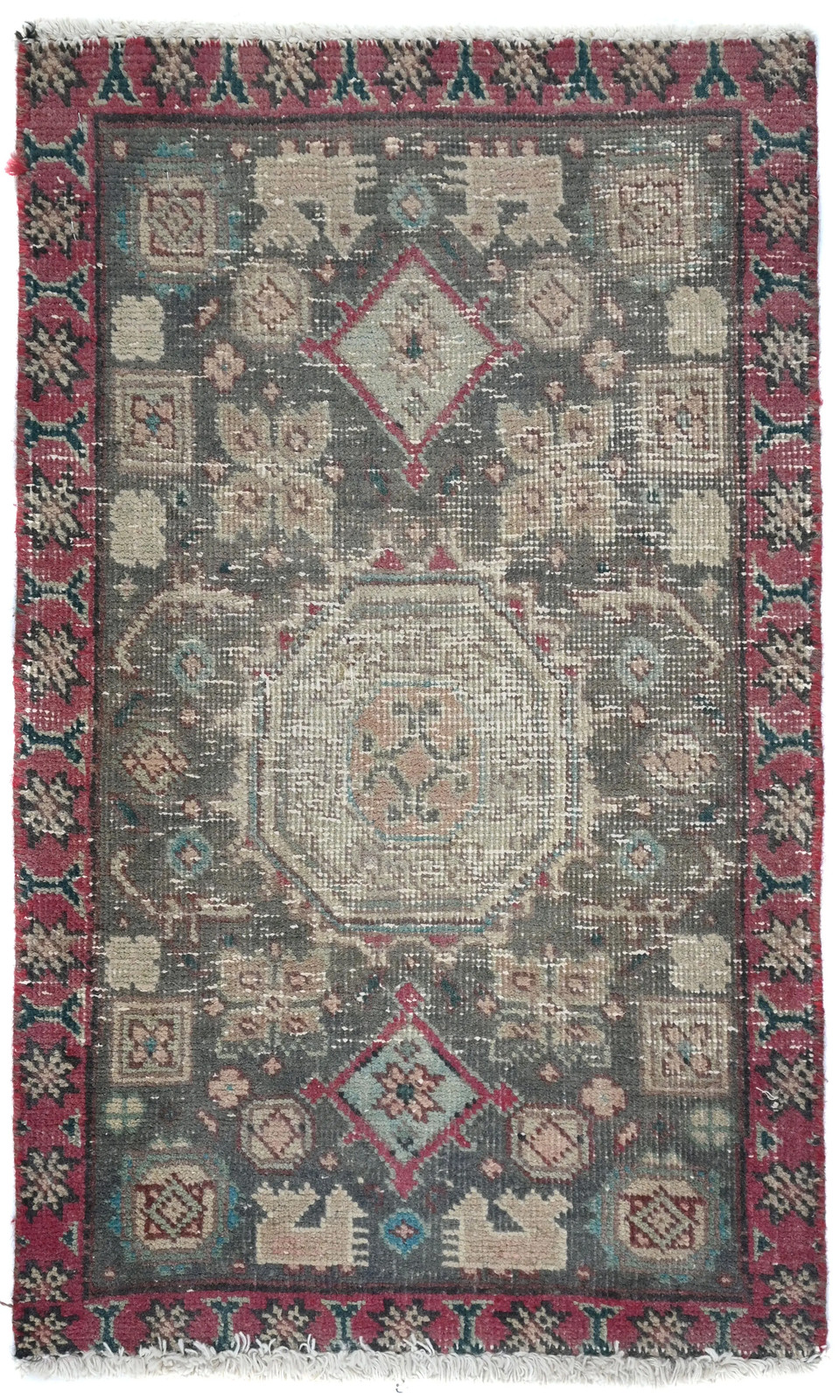 1’6X2’4 ft Semi-Antique Distressed Oriental Rug Muted Brown Floral Design Carpet
