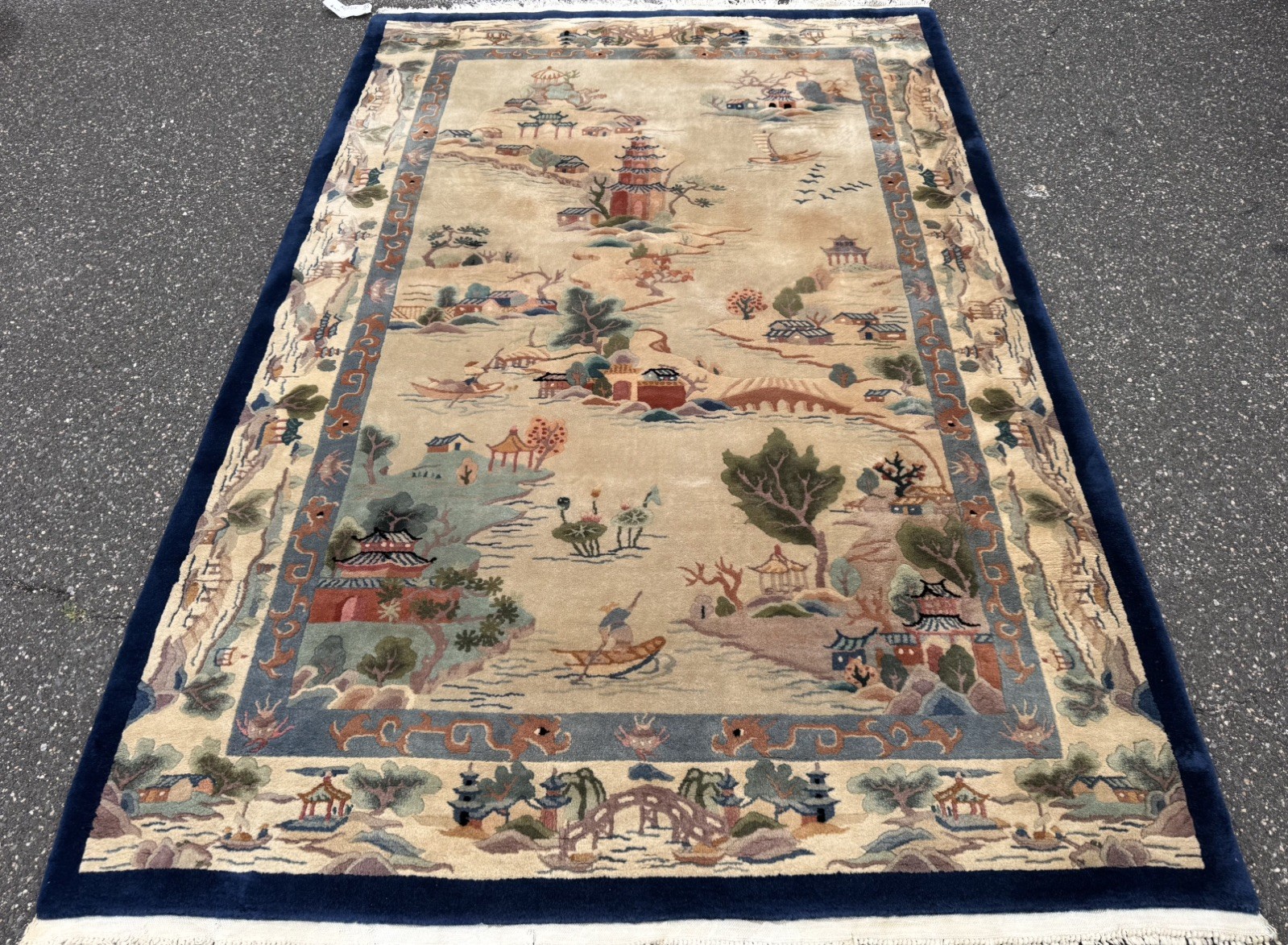 c1960s ANTIQUE ART DECO village CHINESE RUG 6X9 Ft ROOM SIZE