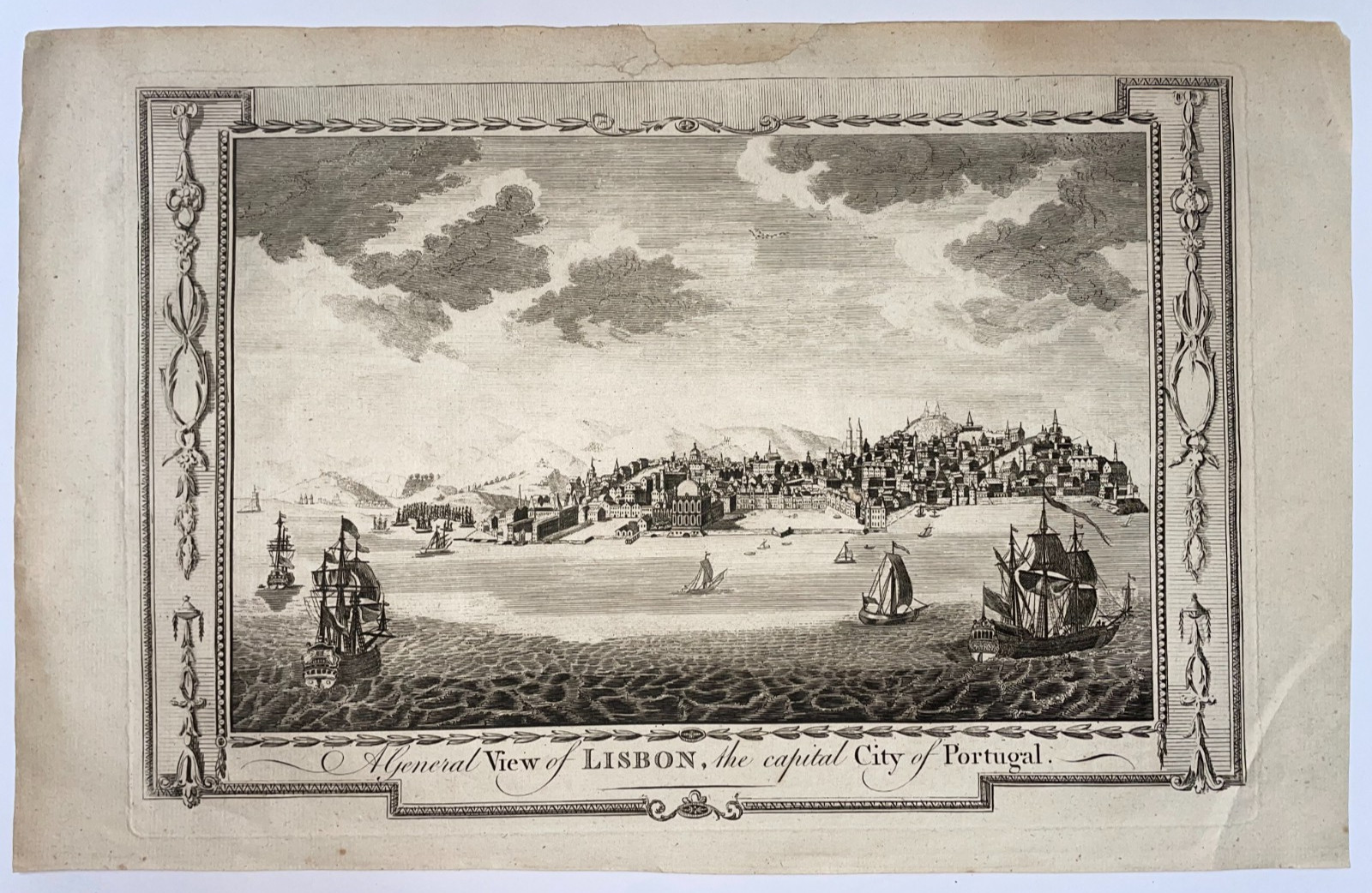 LISBON PORTUGAL 1754 JOHN CARY ANTIQUE ENGRAVED VIEW 18TH CENTURY