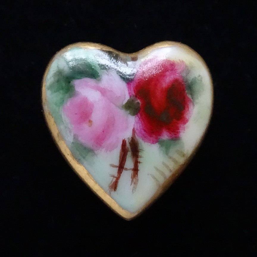 Antique Victorian Porcelain Floral Stud Button Hand Painted Roses Heart Shape