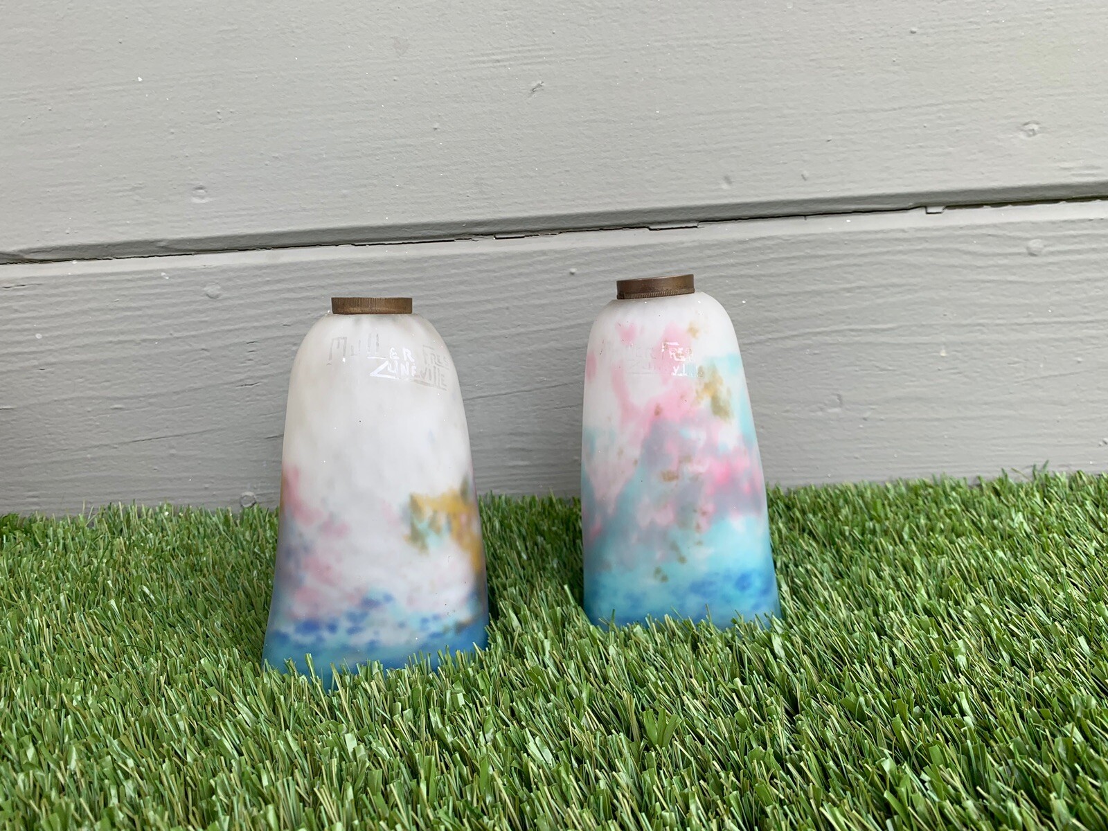 MULLER FRERES SIGNED ART GLASS LAMP SHADES PAIR