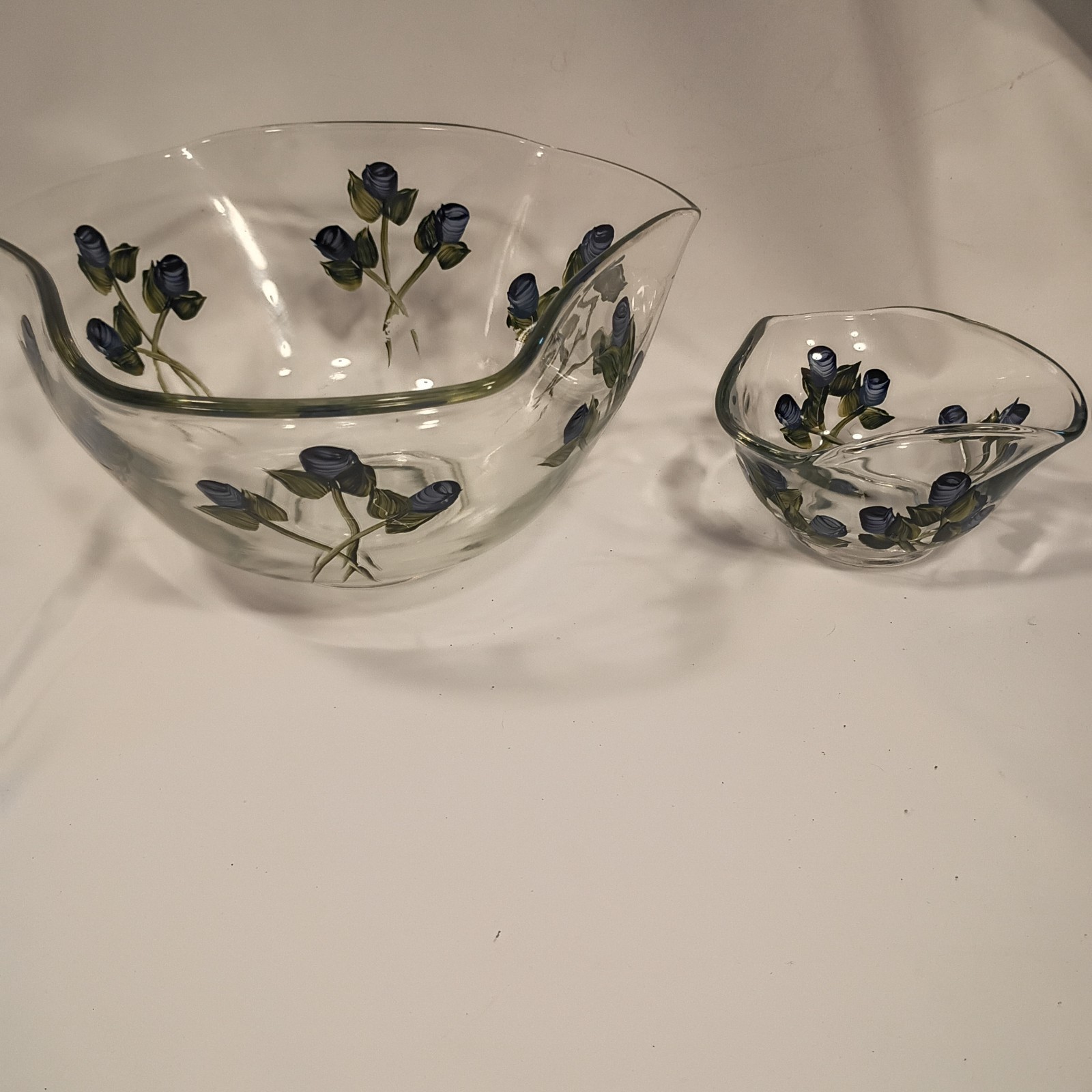 Vintage Hand Painted Glass Berry Bowl Set Blue Rose Ruffled Edge 2pc
