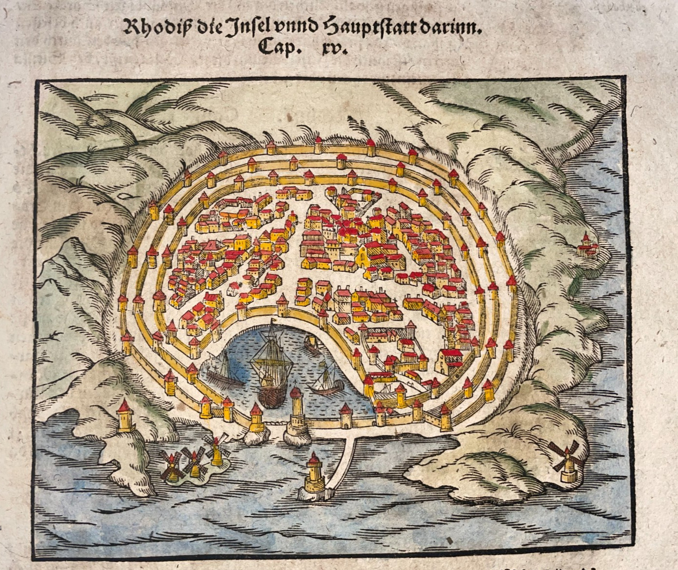 RHODES GREECE 1564 MUNSTER SEBASTIAN ANTIQUE WOOD ENGRAVED VIEW 16TH CENTURY