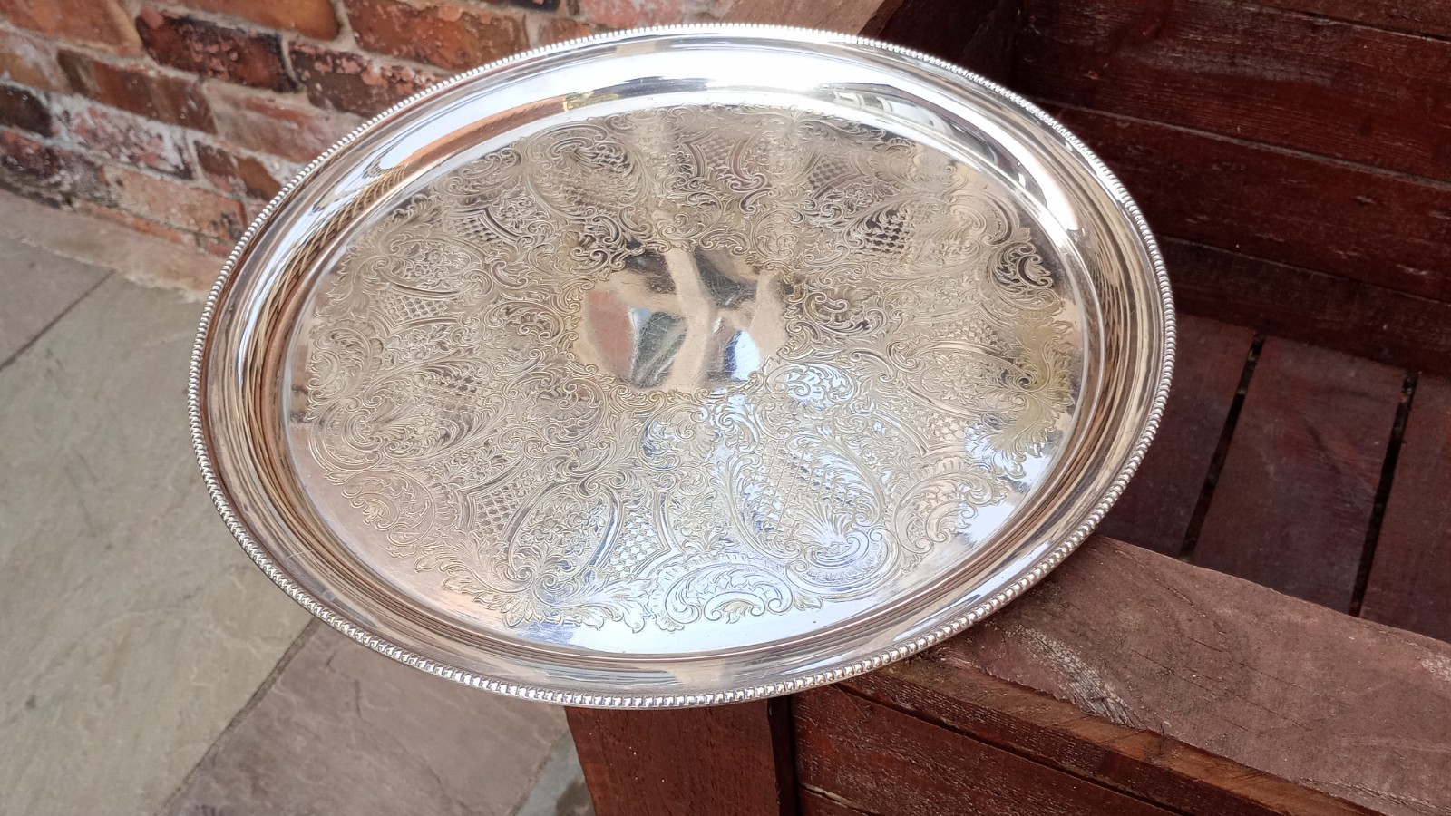 Large Vintage Silver Plated Round Serving Tray Drinks Tray Barker Ellis Ornate