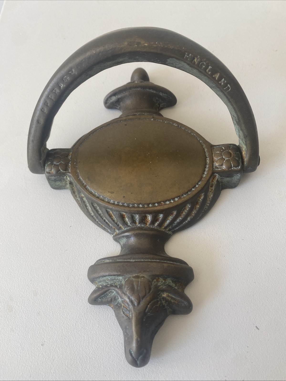 Vintage Solid Brass Door Knocker Sheep Head Peerage England Patina Ornate