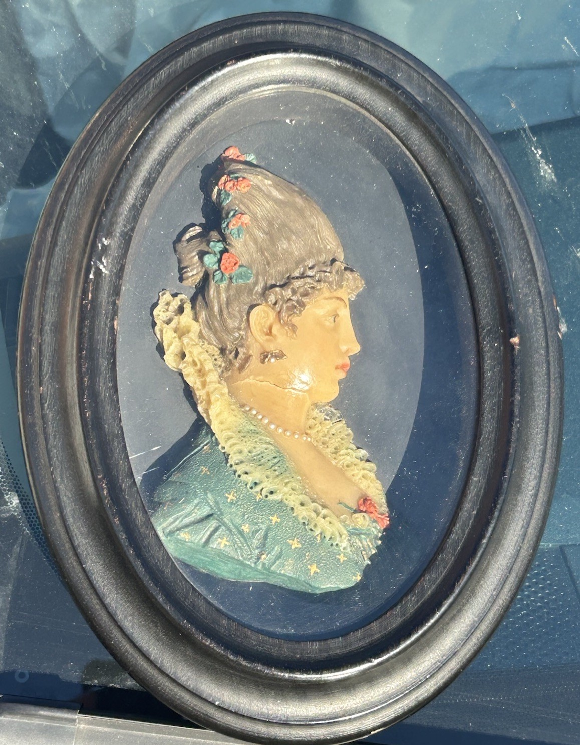 Antique Large Framed Wax Silhouette Portrait of Woman On Slate 7 1/2” X 10”