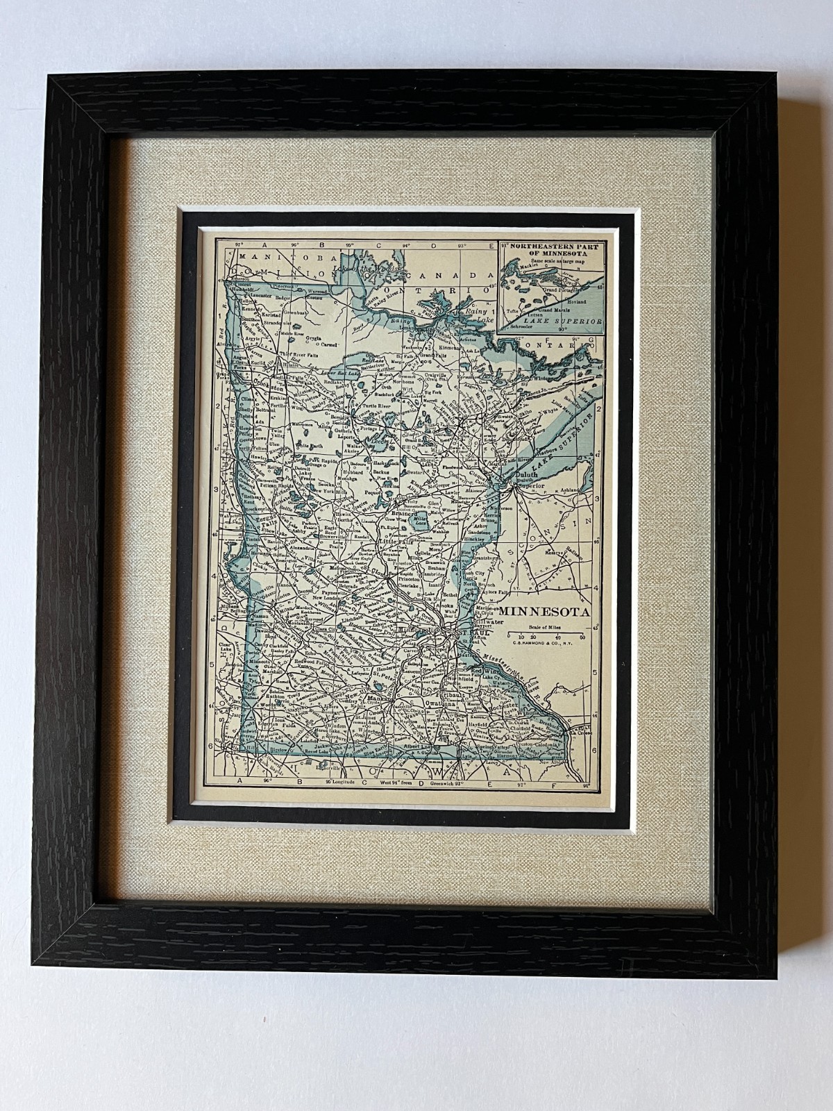 1934 “Blue” MINNESOTA State Map by C.S. Hammond, Framed/Dbl Mat SEE DESCRIP