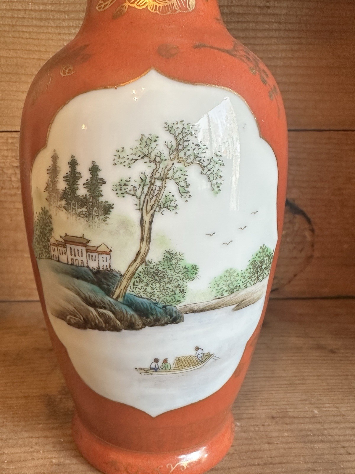 Antique Chinese Porcelain Vase 8” Iron Red Ground Landscape Apocryphal Chenghua