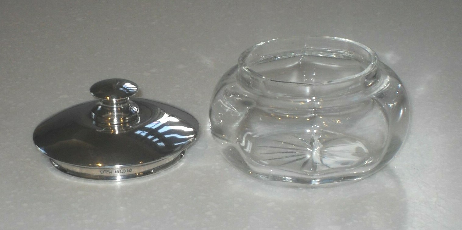 ART DECO 1928 STERLING SILVER & GLASS DRESSING TABLE POWDER TRINKET JAR BOWL