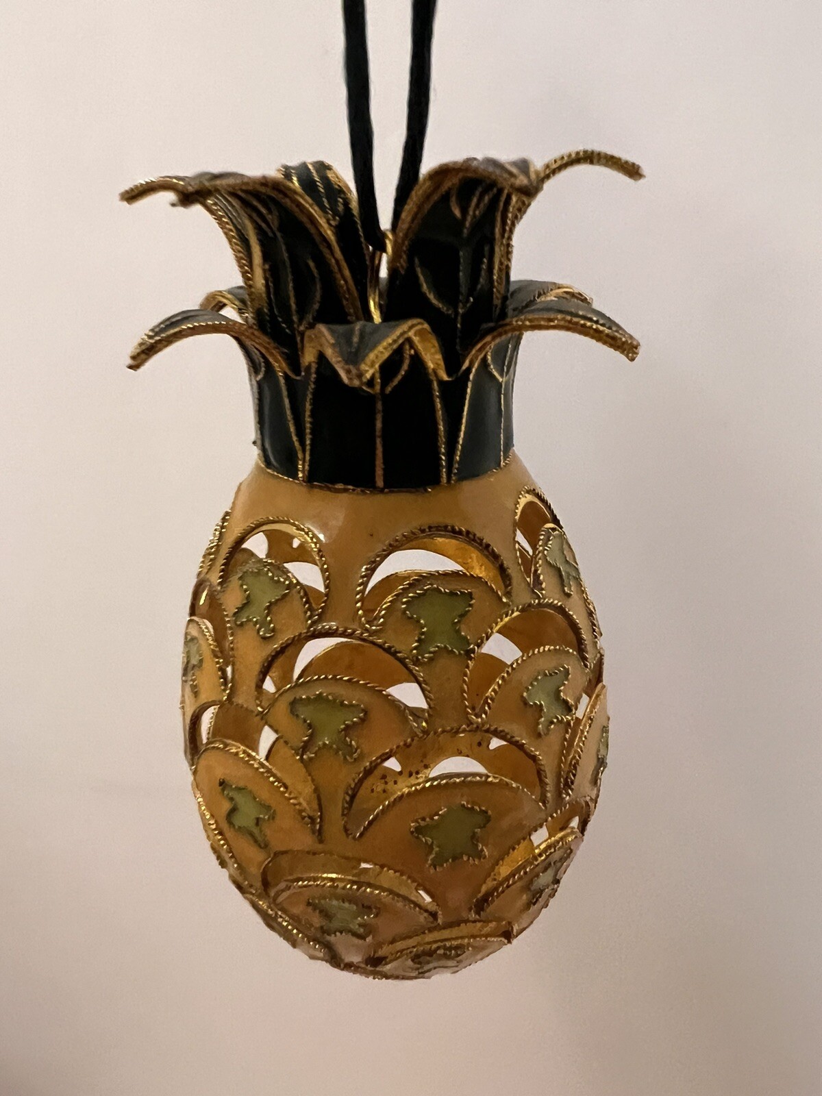 Cloisonne Filigree Enamel Pineapple Ornament Yellow Green 4″ Hollow