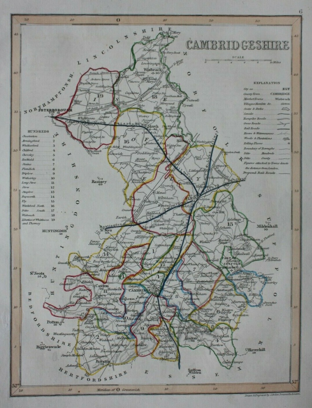 CAMBRIDGESHIRE, original antique map, railways, JOSHUA ARCHER, c.1848