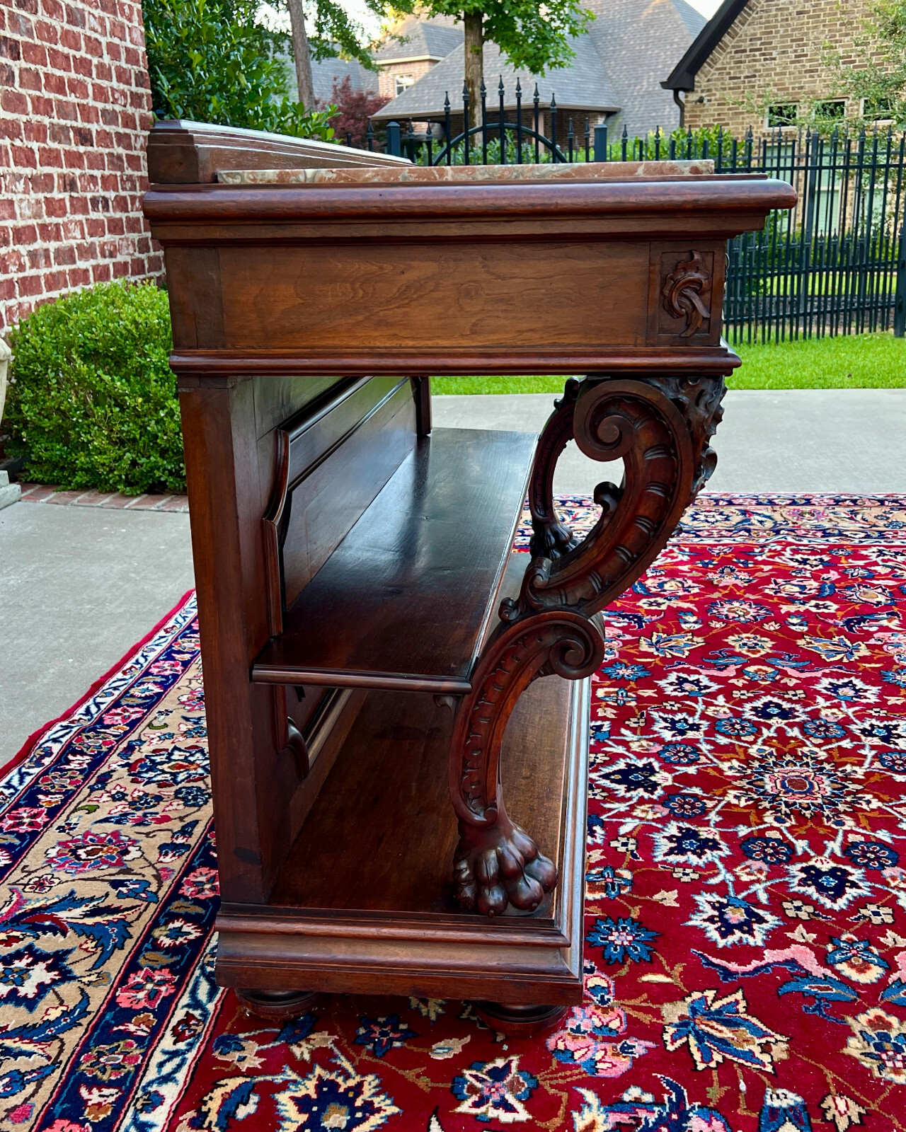 Antique French Gothic Server Sideboard Console Table 2-Tier Walnut Marble Top