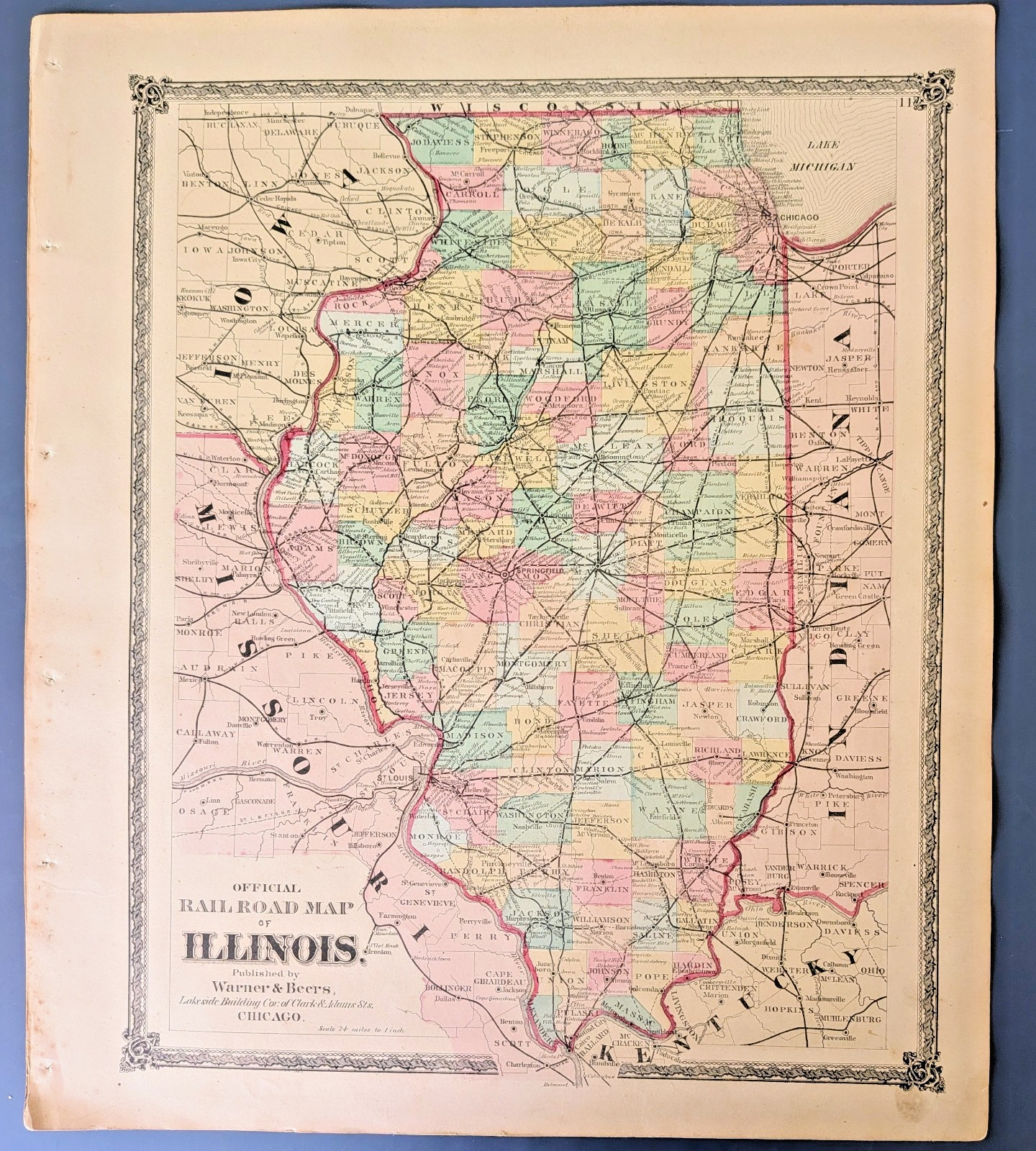 1872 Illinois Railroad Map Warner Beers Antique Atlas Chicago Railroads Original