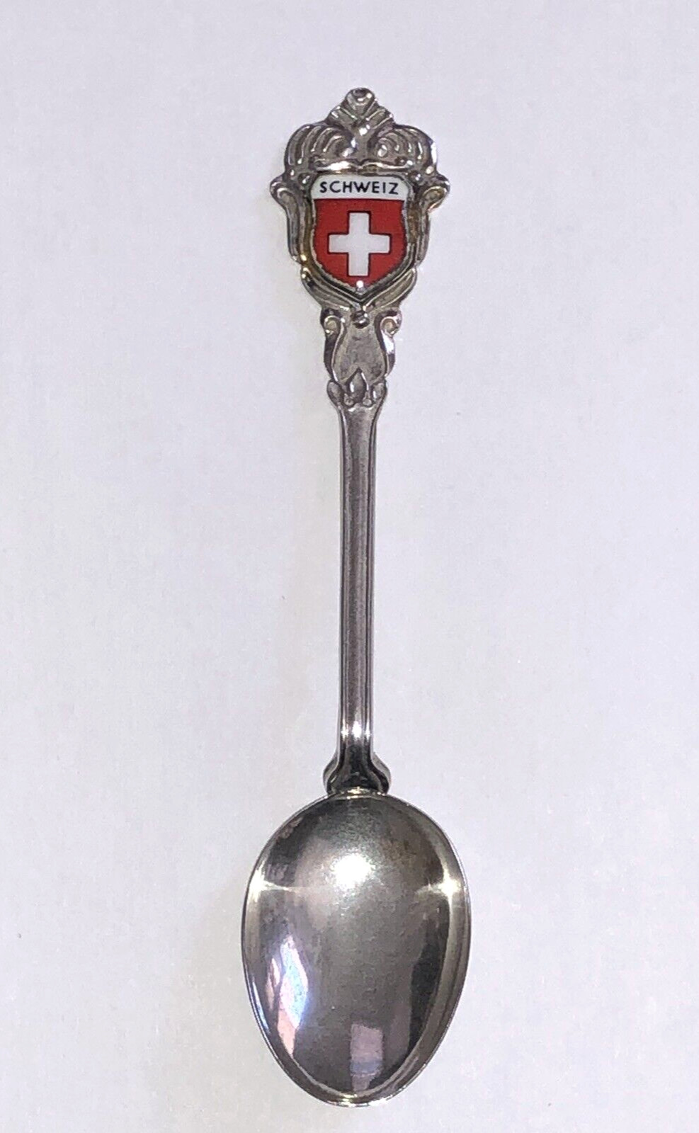 Schweiz Switzerland Silver Souvenir Spoon 4″ Enameled and Stamped – 800 REU