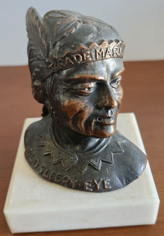 Antique Old Sleepy Eye Metal Bronze Advertising Paperweight Native Amer 3x2x3.25