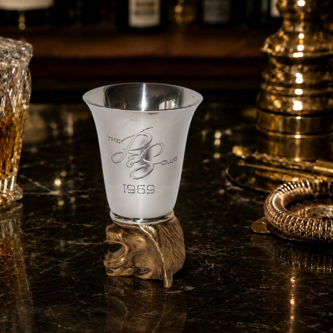 The P & S Club 1969 Silverplate Tiger Head 3.25″ Stirrup Cup Small Goblet