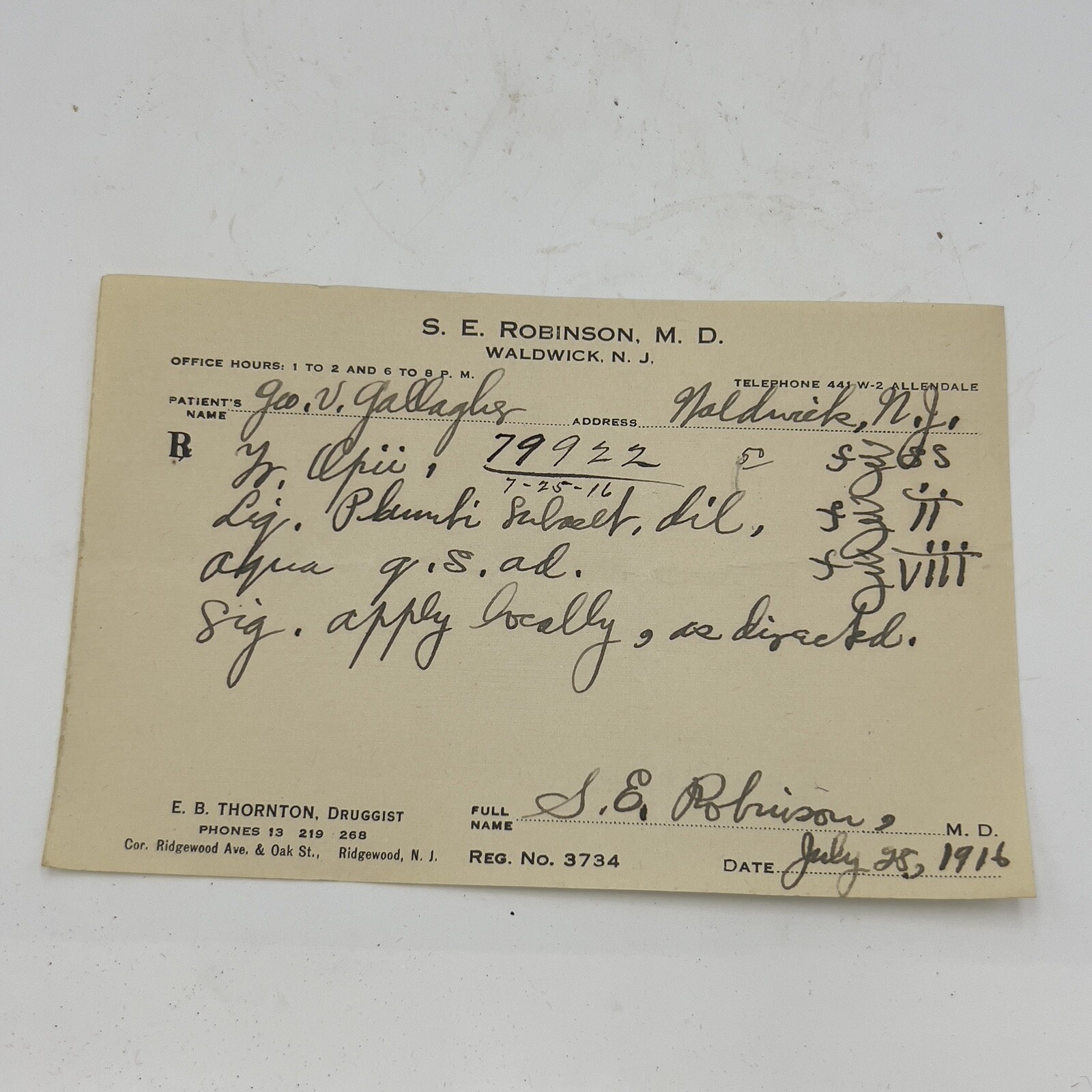 S. E. Robinson Ridgewood, NJ Handwritten Opii (Opium) Prescription 1916, 79922