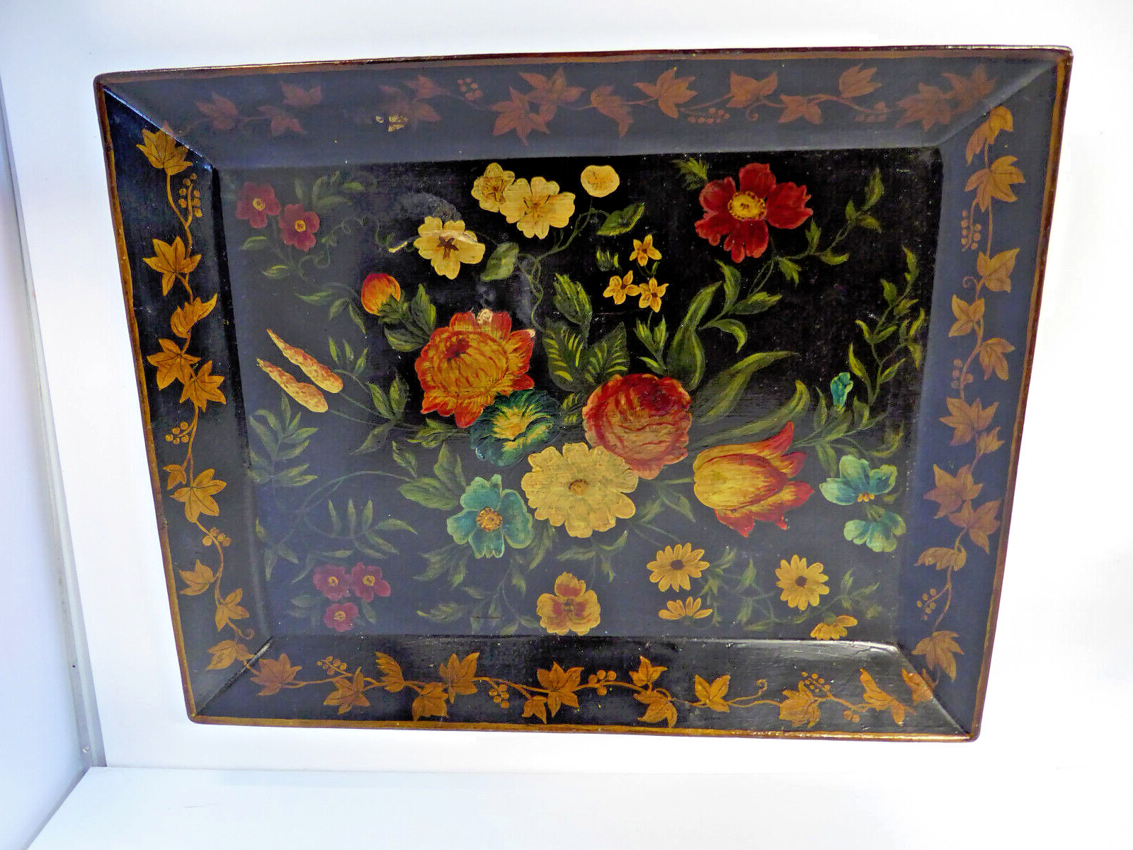 Antique English? Hand Painted Flowers Tole Tray Toleware Square