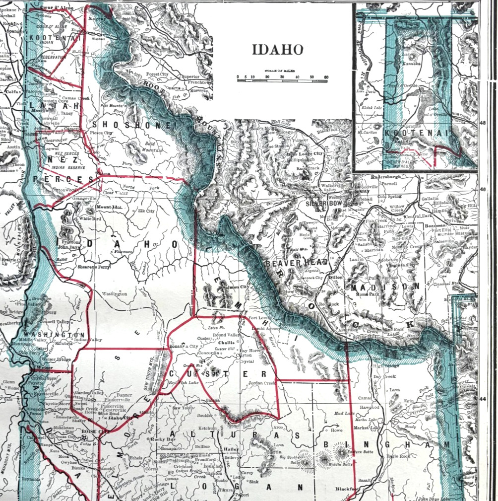 1895 Idaho Terrain Map United States Antique Victorian Geography History DWYY10B