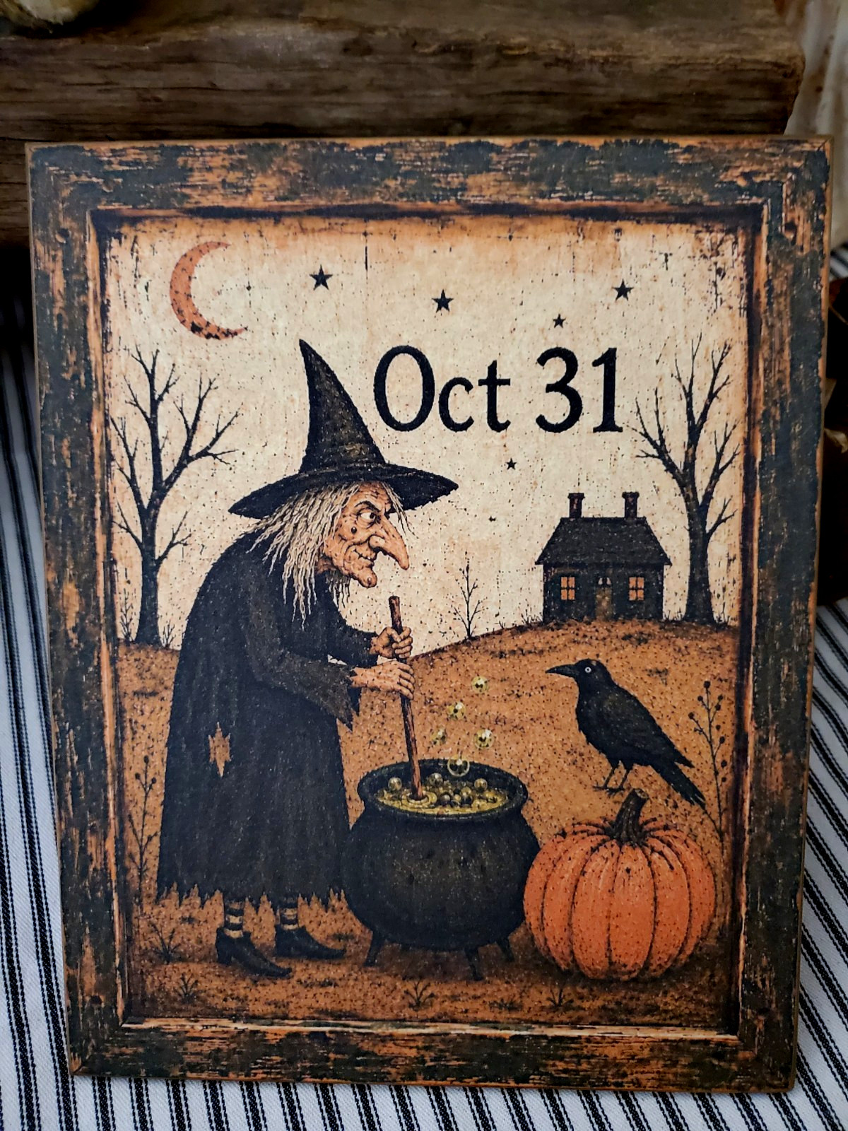 OLD PRIMITIVE RETRO VINTAGE STYLE HALLOWEEN CRAGGY WITCH CAULDRON CABIN SIGN